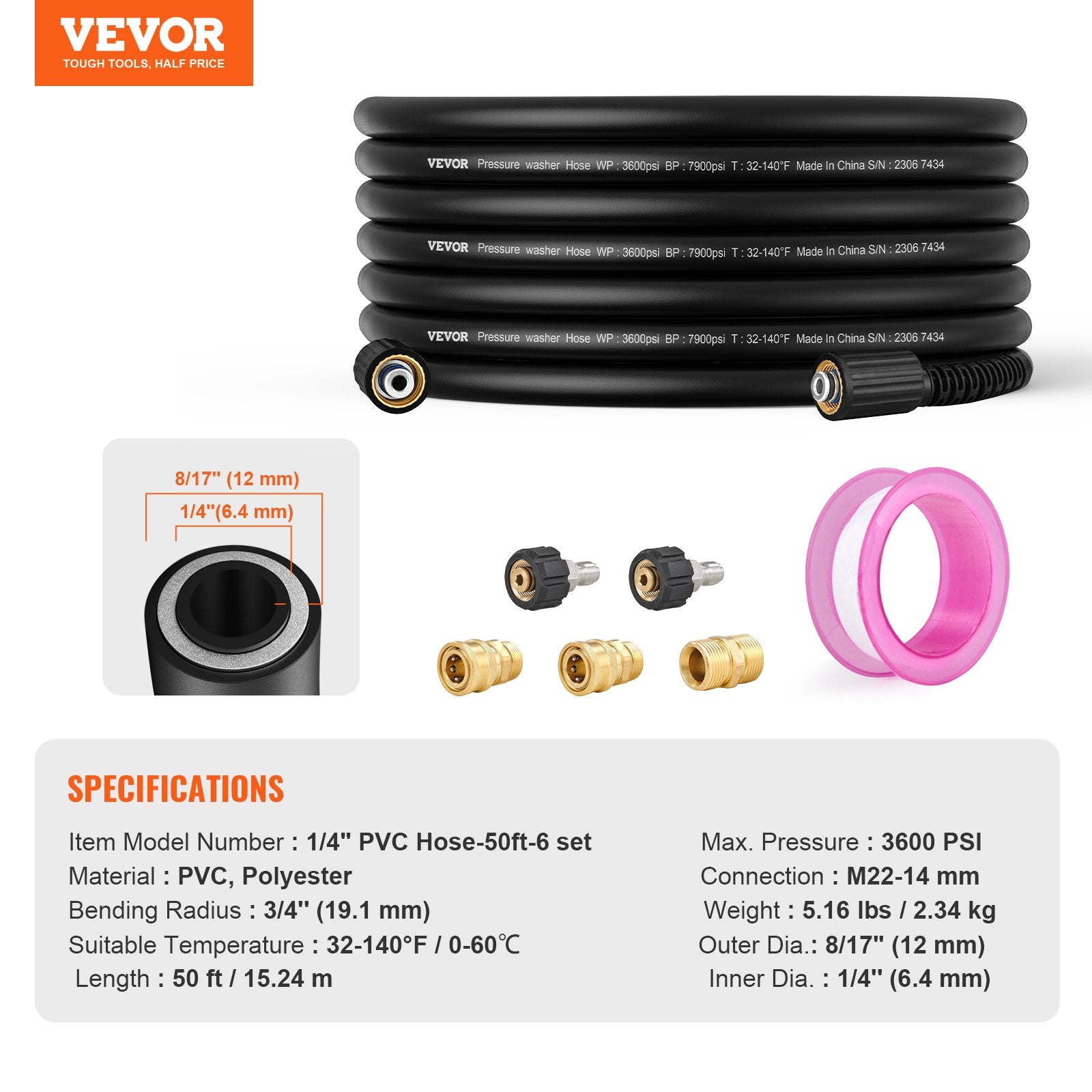 VEVOR 50 FT 3600 PSI High Pressure Power Washer Hose 1/4" Quick Connection