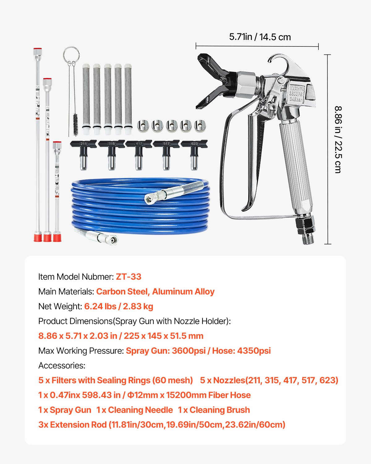 VEVOR Airless Paint Spray Gun and Hose Kit 3600PSI with Extension Rods Filters