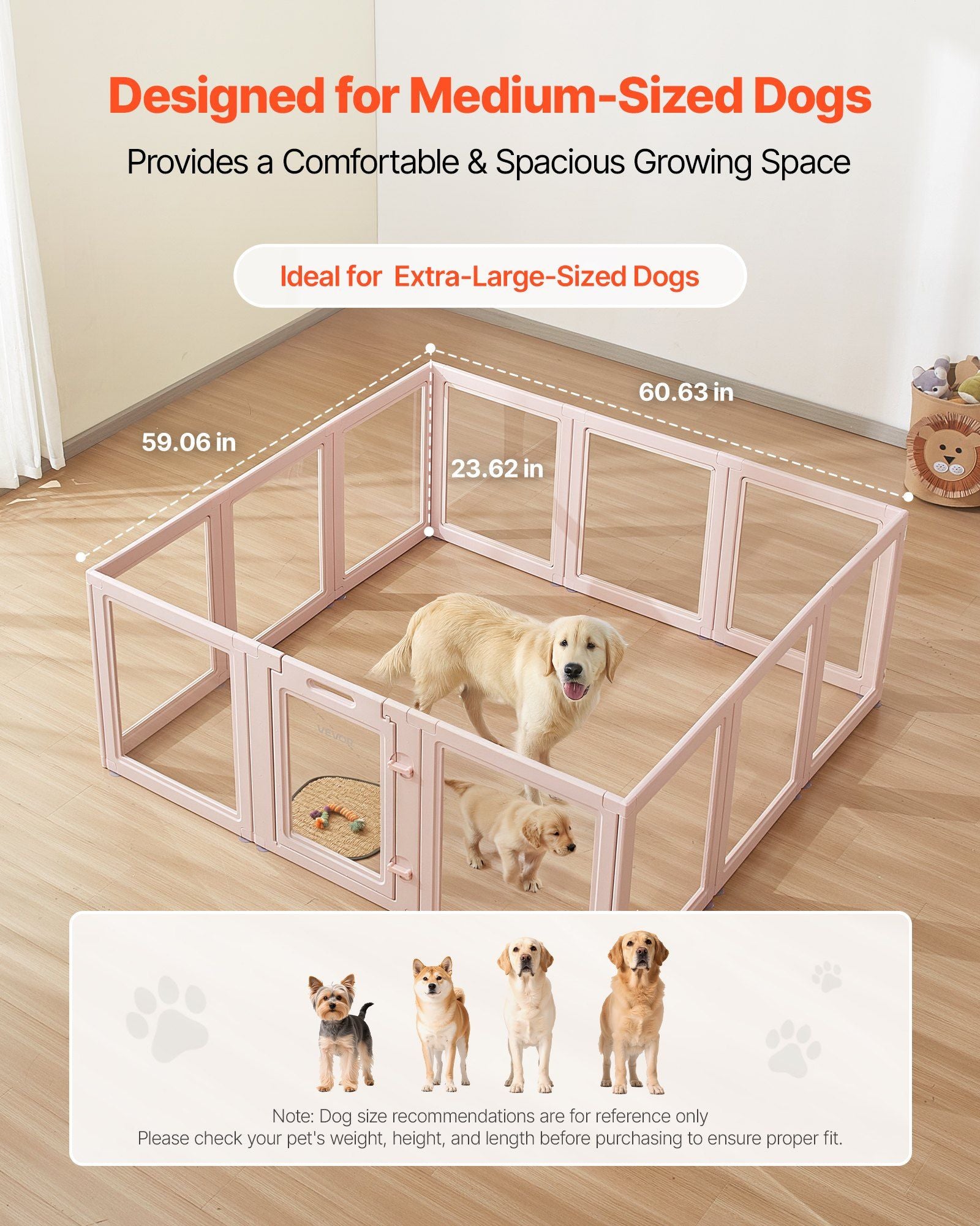 Dog Whelping Box, 1.54x1.5x0.6 m, Transparent Plastic Dog Whelping Pen for Large Sized Dogs, Waterproof Puppy Playpen with Windows & Door Lock, Easy to Clean, Durable Indoor Pet Dogs Cats Birth Kit
