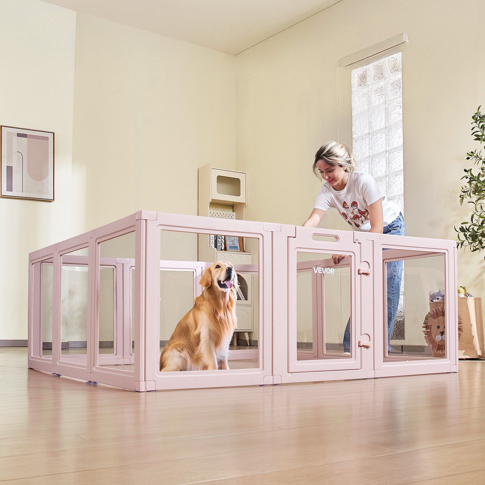 Dog Whelping Box, 1.54x1.5x0.6 m, Transparent Plastic Dog Whelping Pen for Large Sized Dogs, Waterproof Puppy Playpen with Windows & Door Lock, Easy to Clean, Durable Indoor Pet Dogs Cats Birth Kit