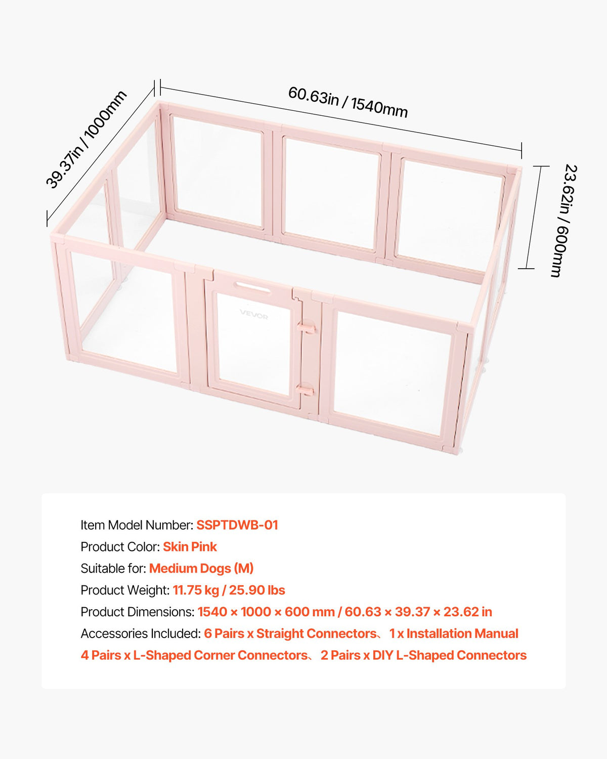 VEVOR Dog Whelping Box, 1.54x1x0.6 m Plastic Dog Whelping Pen for Medium Sized Dogs, Waterproof Transparent  Puppy Playpen with Windows & Door Lock, Easy to Clean, Durable Indoor Pet Dogs Cats Birth Kit