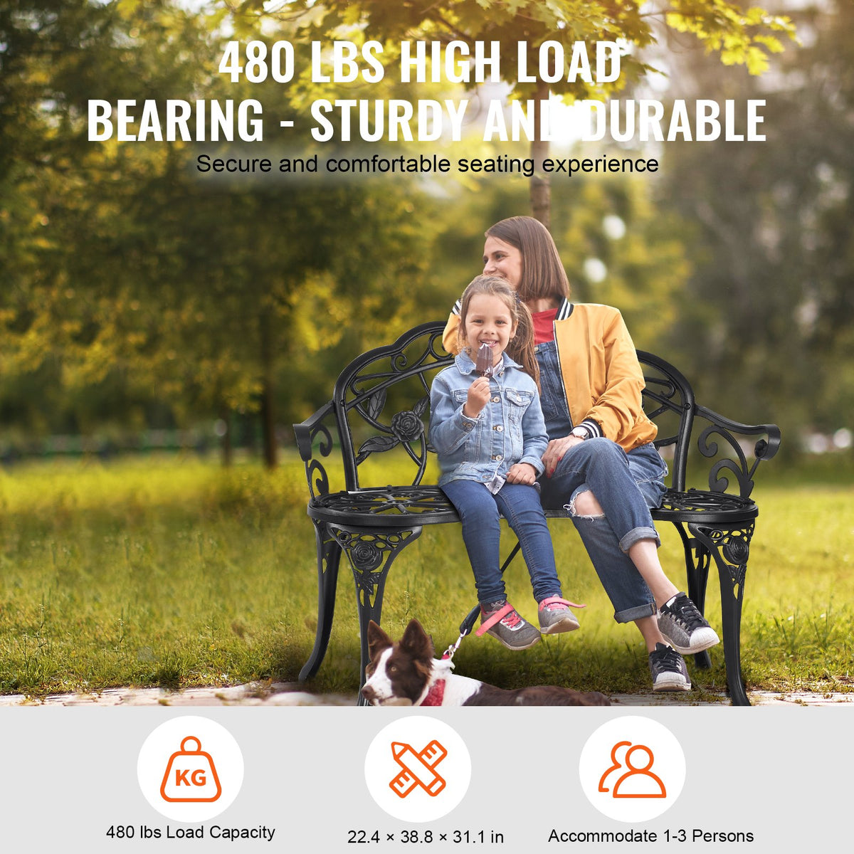 VEVOR Outdoor Bench, 38.8 inches Metal Garden Bench for Outdoors, 480 lbs Load Capacity Bench, Outdoor Garden Park Bench with Backrest and Armrests, Patio Bench for Garden, Park, Yard, Front Porch