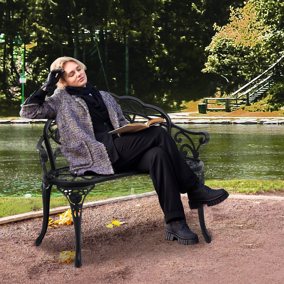 VEVOR Outdoor Bench, 38.8 inches Metal Garden Bench for Outdoors, 480 lbs Load Capacity Bench, Outdoor Garden Park Bench with Backrest and Armrests, Patio Bench for Garden, Park, Yard, Front Porch