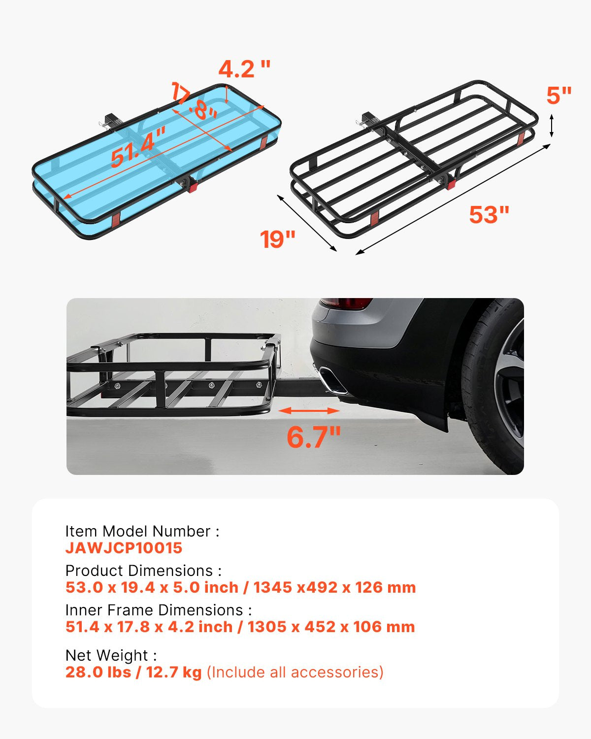 VEVOR 53" x 19" x 5", Hitch Cargo Carrier, 500 lbs Capacity Hitch Cargo Carrier with Hitch Stabilizer & Ratchet Straps, Hitch Mount Cargo Carrier with Cargo Net with Hook, Fit for SUVs