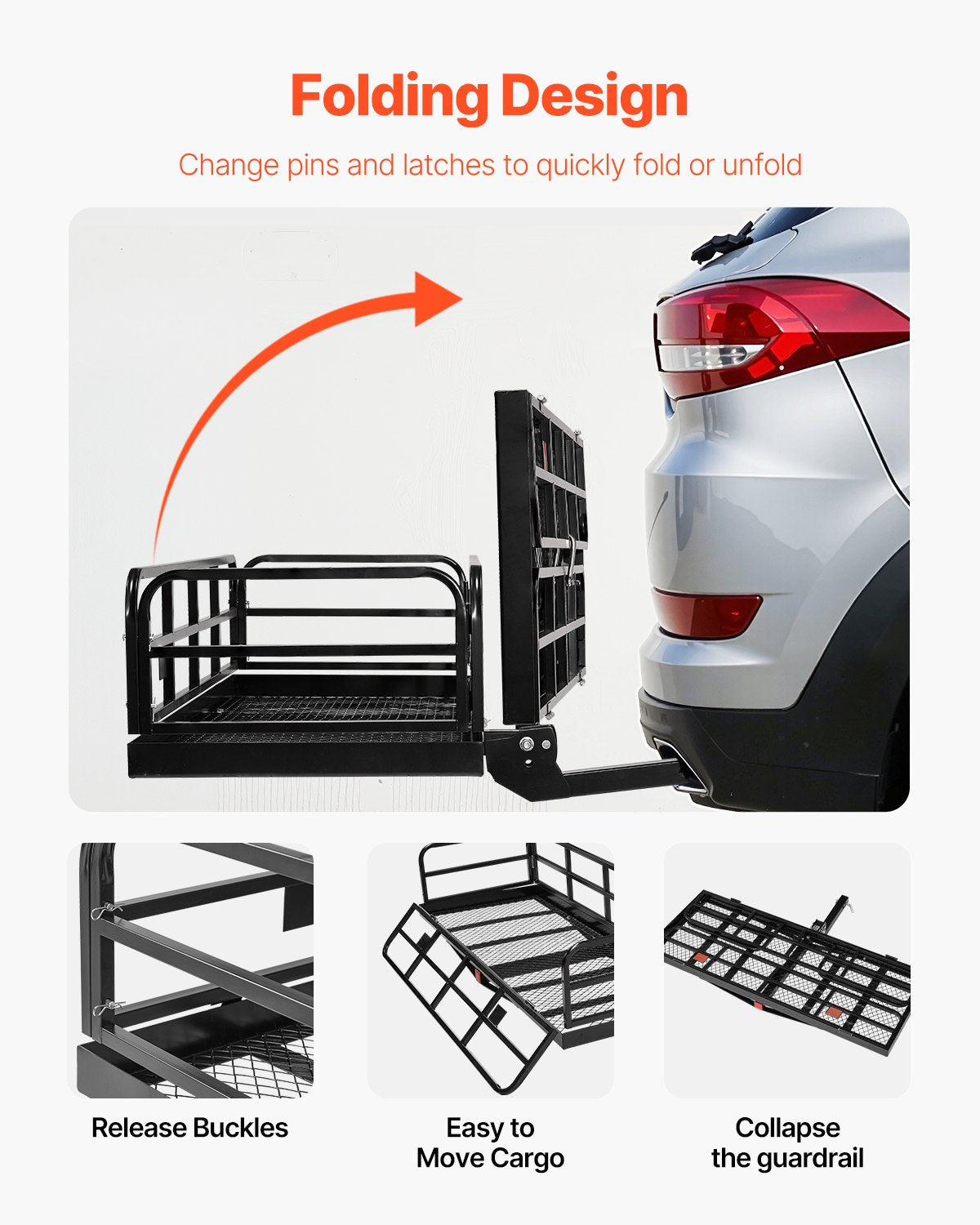 VEVOR 60" x 24" x 14", Hitch Cargo Carrier, 500 lbs Capacity Hitch Cargo Carrier with Anti-Rattle Hitch Stabilizer, Folding Hitch Mount Cargo Carrier with Pins and Latches, Fit for SUVs/Pickup Trucks