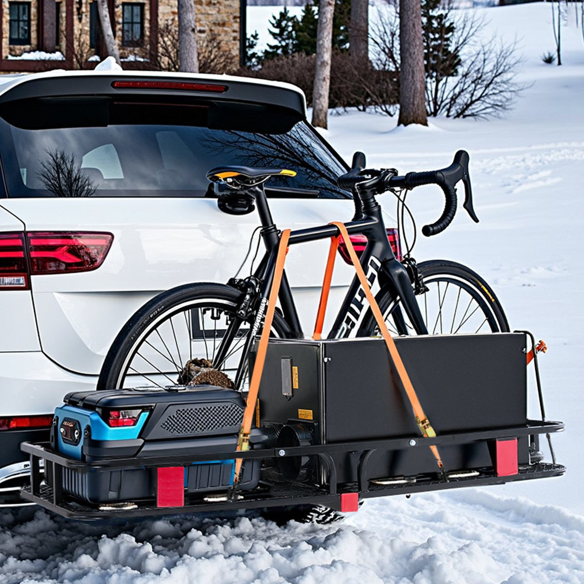 VEVOR 60" x 24" x 6", Hitch Cargo Carrier, 500 lbs Capacity Hitch Cargo Carrier with Cargo Net with Hook & Waterproof Cargo Bag, Folding Hitch Mount Cargo Carrier with Ratchet Straps, Fit for SUVs