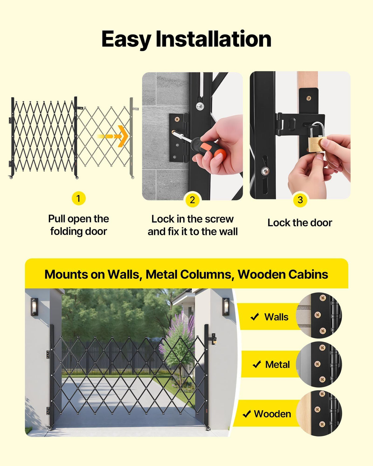 Single Folding Security Gate, Lockable Scissor Gate with 360 degree Swivel Casters, Outdoor Barricade Steel Retractable Gates, for Entry Security, Garage, Warehouse & Pool, 1900 x 1310 mm (W x H)