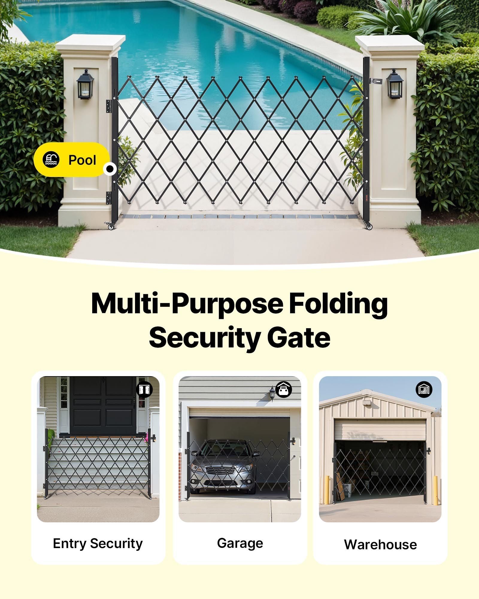 Single Folding Security Gate, Lockable Scissor Gate with 360 degree Swivel Casters, Outdoor Barricade Steel Retractable Gates, for Entry Security, Garage, Warehouse & Pool, 1900 x 1310 mm (W x H)