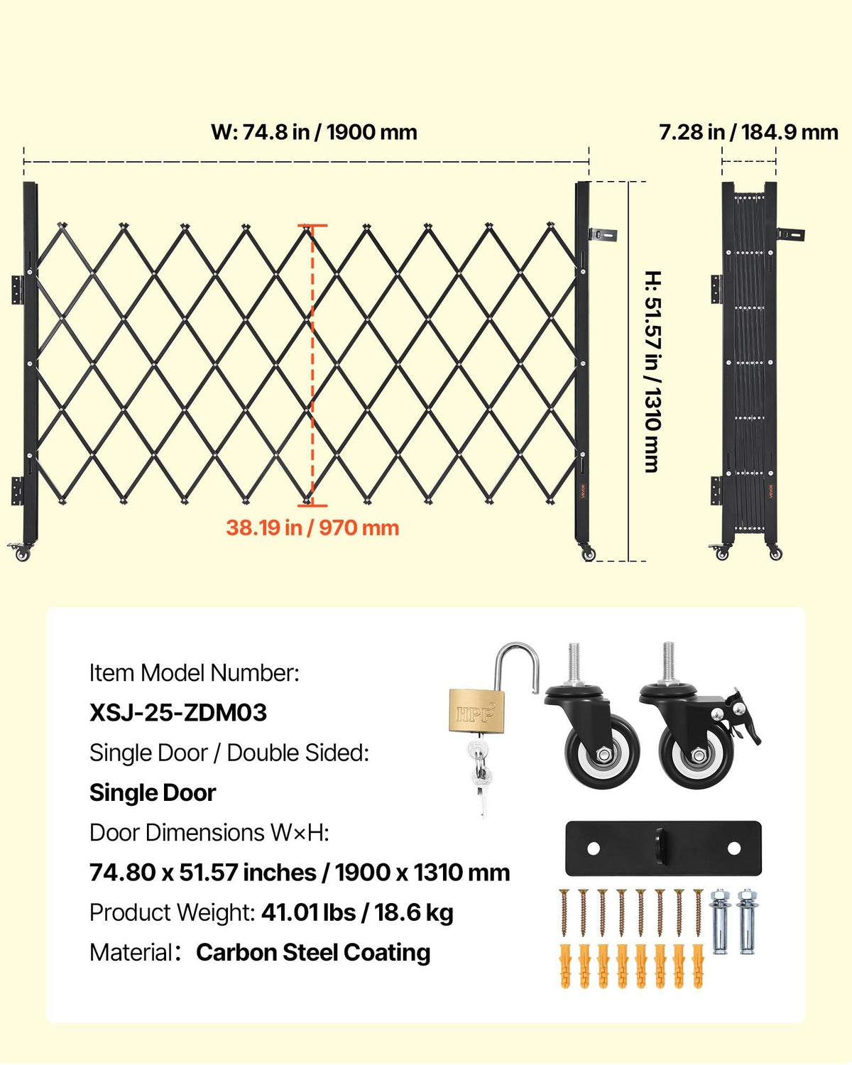 Single Folding Security Gate, Lockable Scissor Gate with 360 degree Swivel Casters, Outdoor Barricade Steel Retractable Gates, for Entry Security, Garage, Warehouse & Pool, 1900 x 1310 mm (W x H)