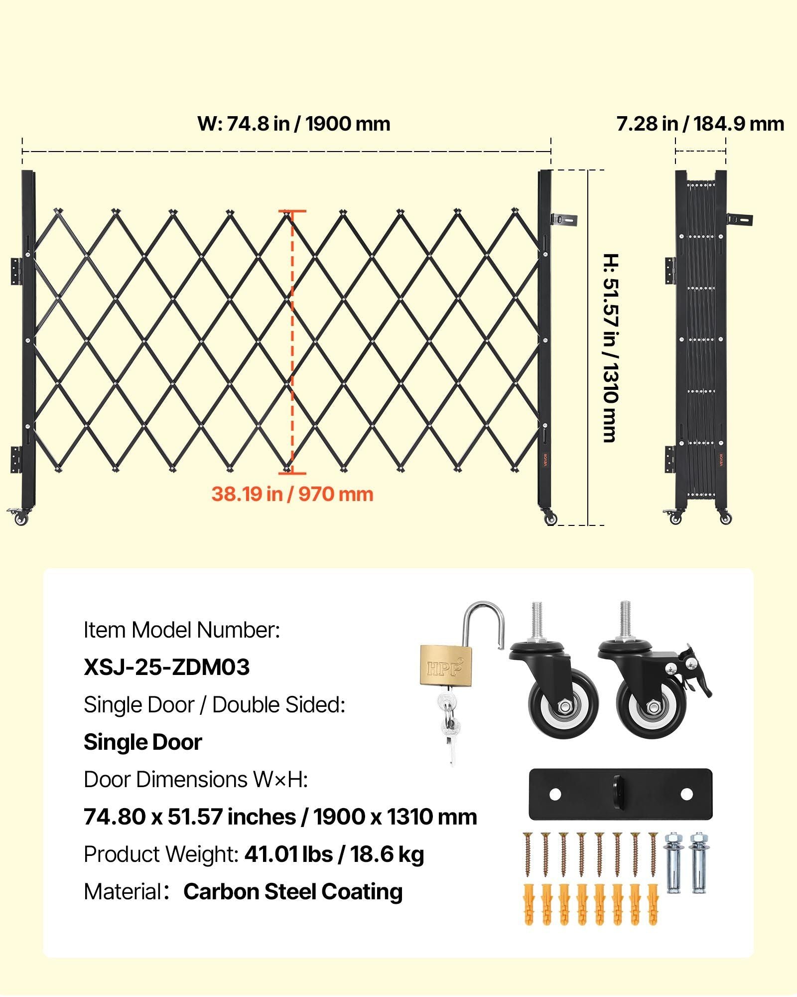 Single Folding Security Gate, Lockable Scissor Gate with 360 degree Swivel Casters, Outdoor Barricade Steel Retractable Gates, for Entry Security, Garage, Warehouse & Pool, 1900 x 1310 mm (W x H)