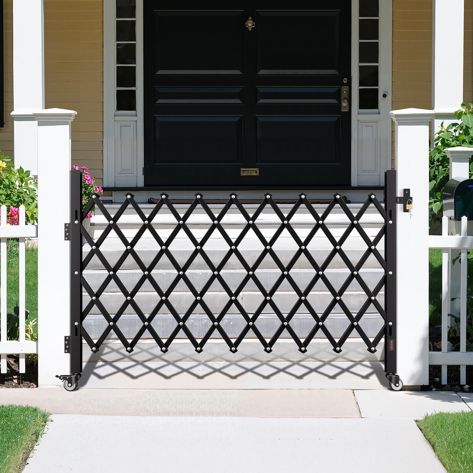 Single Folding Security Gate, Lockable Scissor Gate with 360 degree Swivel Casters, Outdoor Barricade Steel Retractable Gates, for Entry Security, Garage, Warehouse & Pool, 1900 x 1310 mm (W x H)