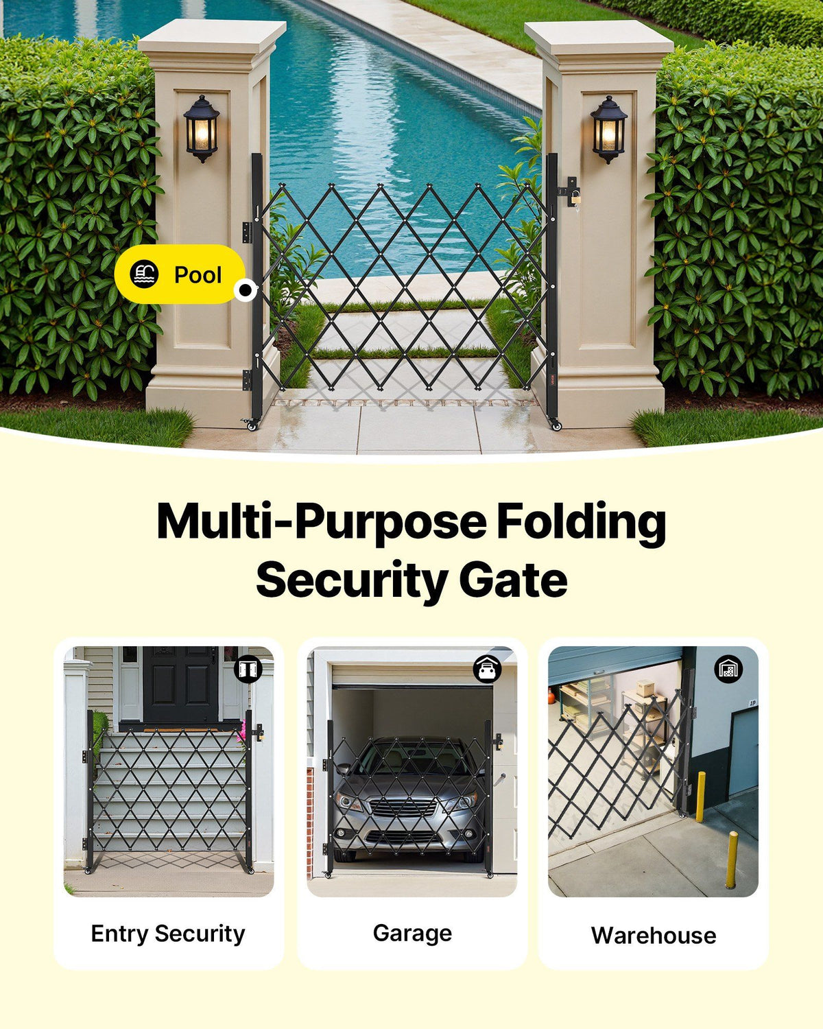Single Folding Security Gate, Lockable Scissor Gate with 360 degree Swivel Casters, Outdoor Barricade Steel Retractable Gates, for Entry Security, Garage, Warehouse & Pool, 1100 x 1310 mm (W x H)