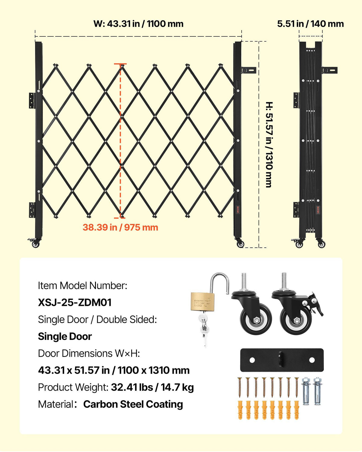 Single Folding Security Gate, Lockable Scissor Gate with 360 degree Swivel Casters, Outdoor Barricade Steel Retractable Gates, for Entry Security, Garage, Warehouse & Pool, 1100 x 1310 mm (W x H)