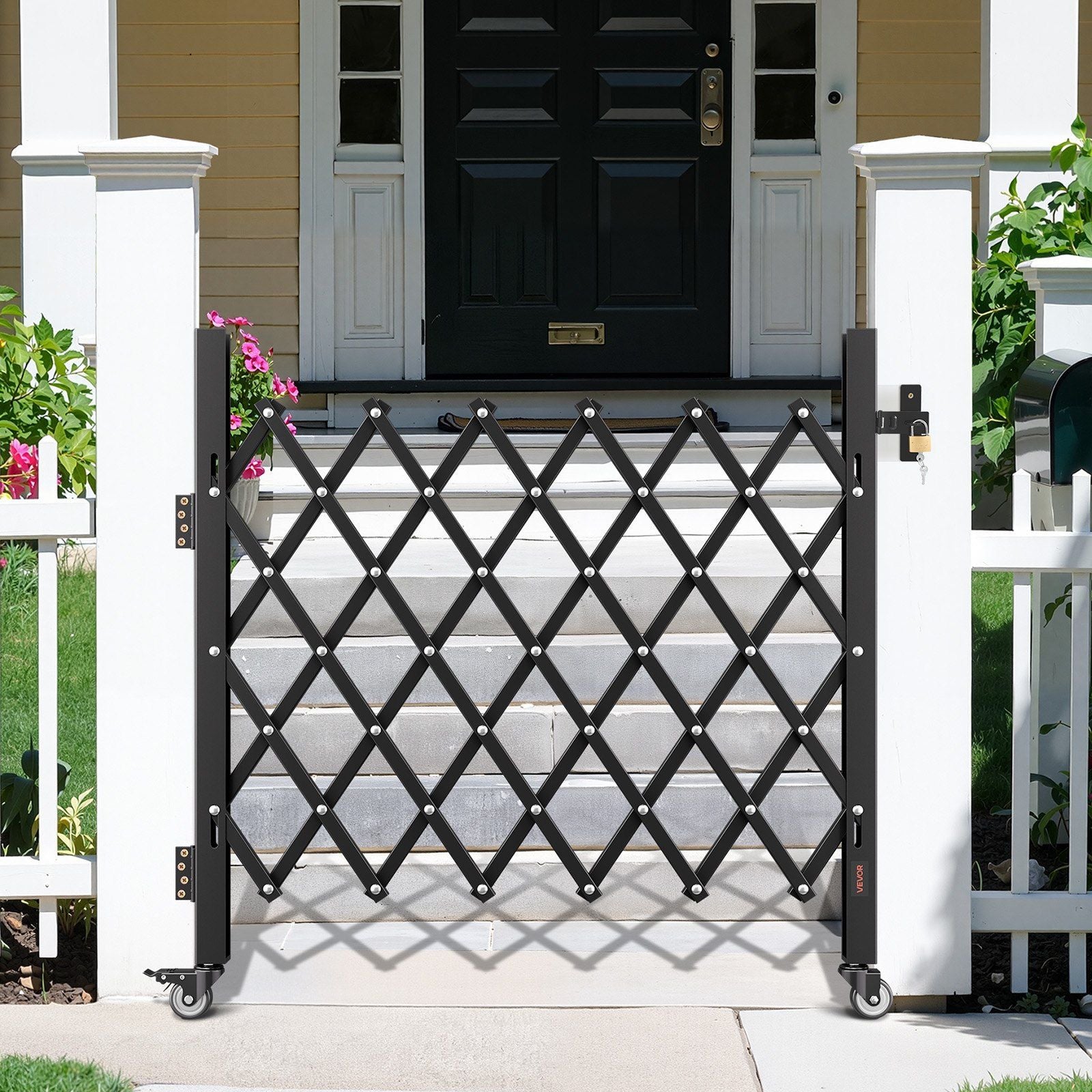 Single Folding Security Gate, Lockable Scissor Gate with 360 degree Swivel Casters, Outdoor Barricade Steel Retractable Gates, for Entry Security, Garage, Warehouse & Pool, 1100 x 1310 mm (W x H)