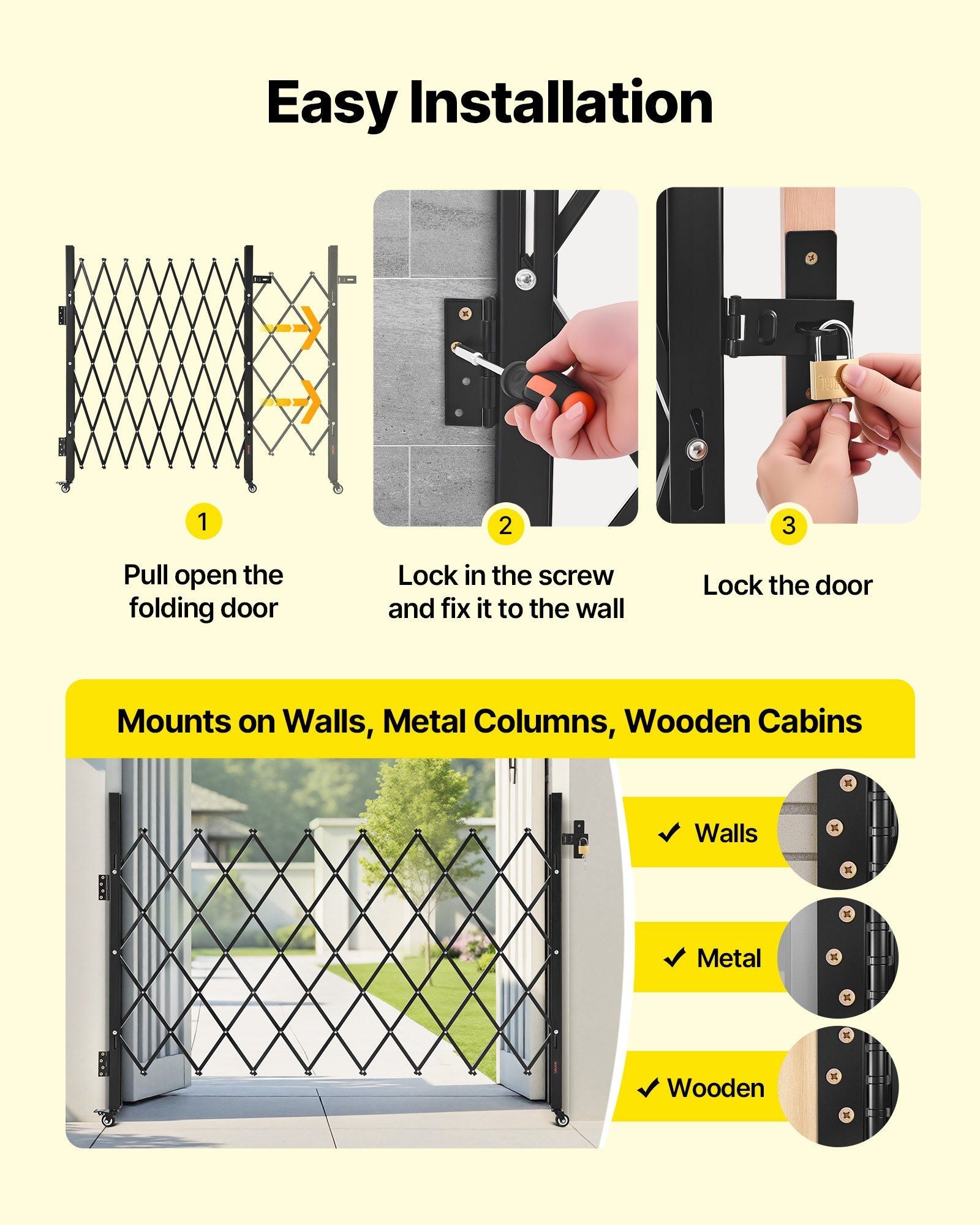 Single Folding Security Gate, Lockable Scissor Gate with 360 degree Swivel Casters, Outdoor Barricade Steel Retractable Gates, for Entry Security, Garage, Warehouse & Pool, 1700 x 1310 mm (W x H)