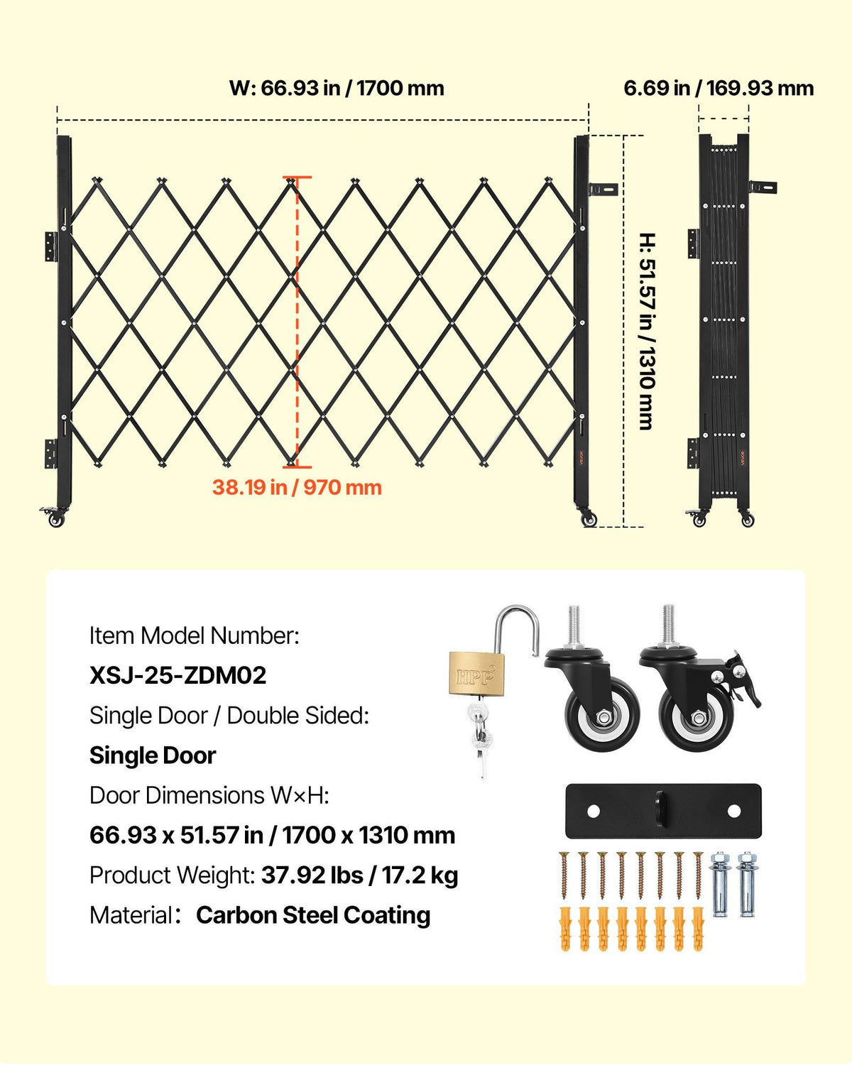 Single Folding Security Gate, Lockable Scissor Gate with 360 degree Swivel Casters, Outdoor Barricade Steel Retractable Gates, for Entry Security, Garage, Warehouse & Pool, 1700 x 1310 mm (W x H)