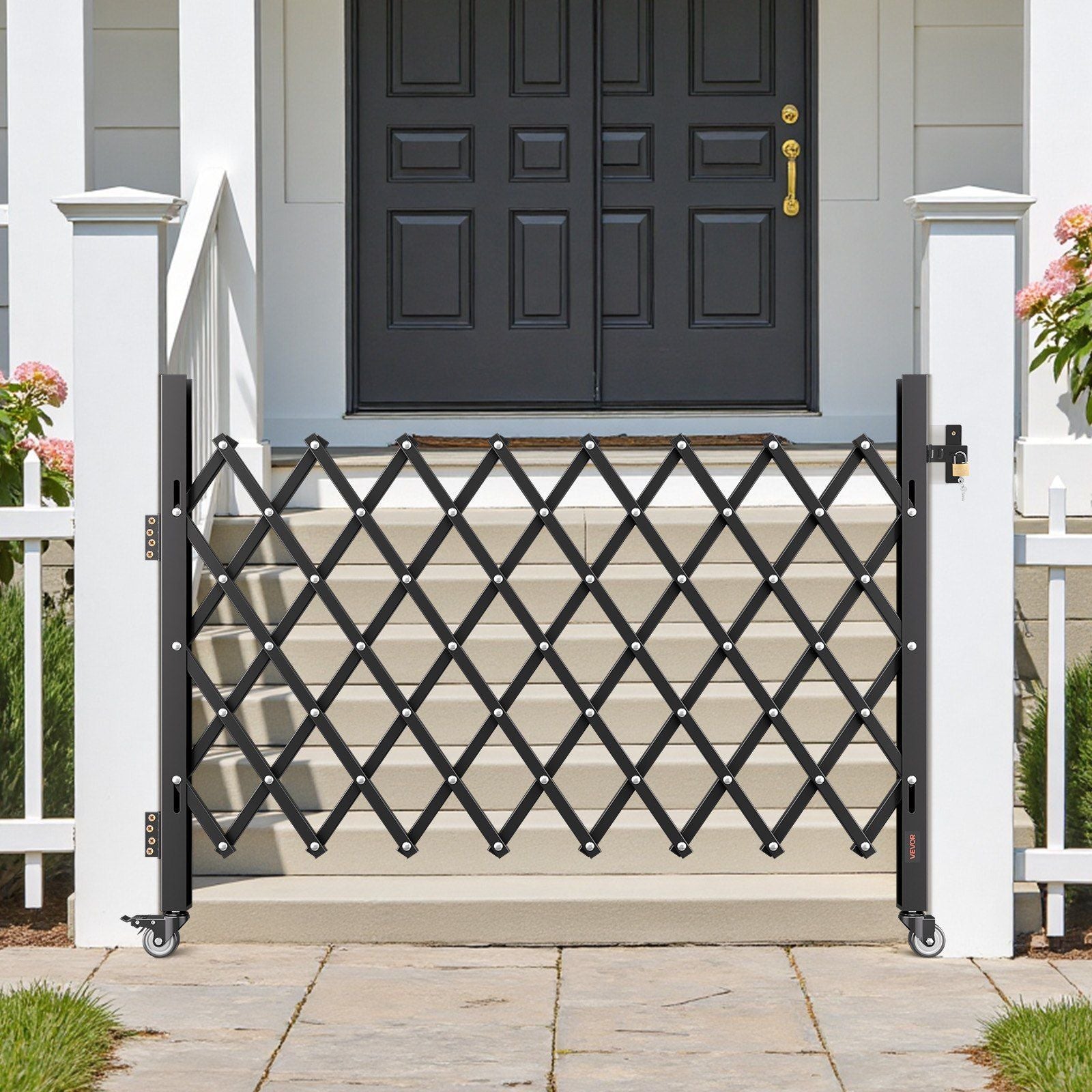 Single Folding Security Gate, Lockable Scissor Gate with 360 degree Swivel Casters, Outdoor Barricade Steel Retractable Gates, for Entry Security, Garage, Warehouse & Pool, 1700 x 1310 mm (W x H)