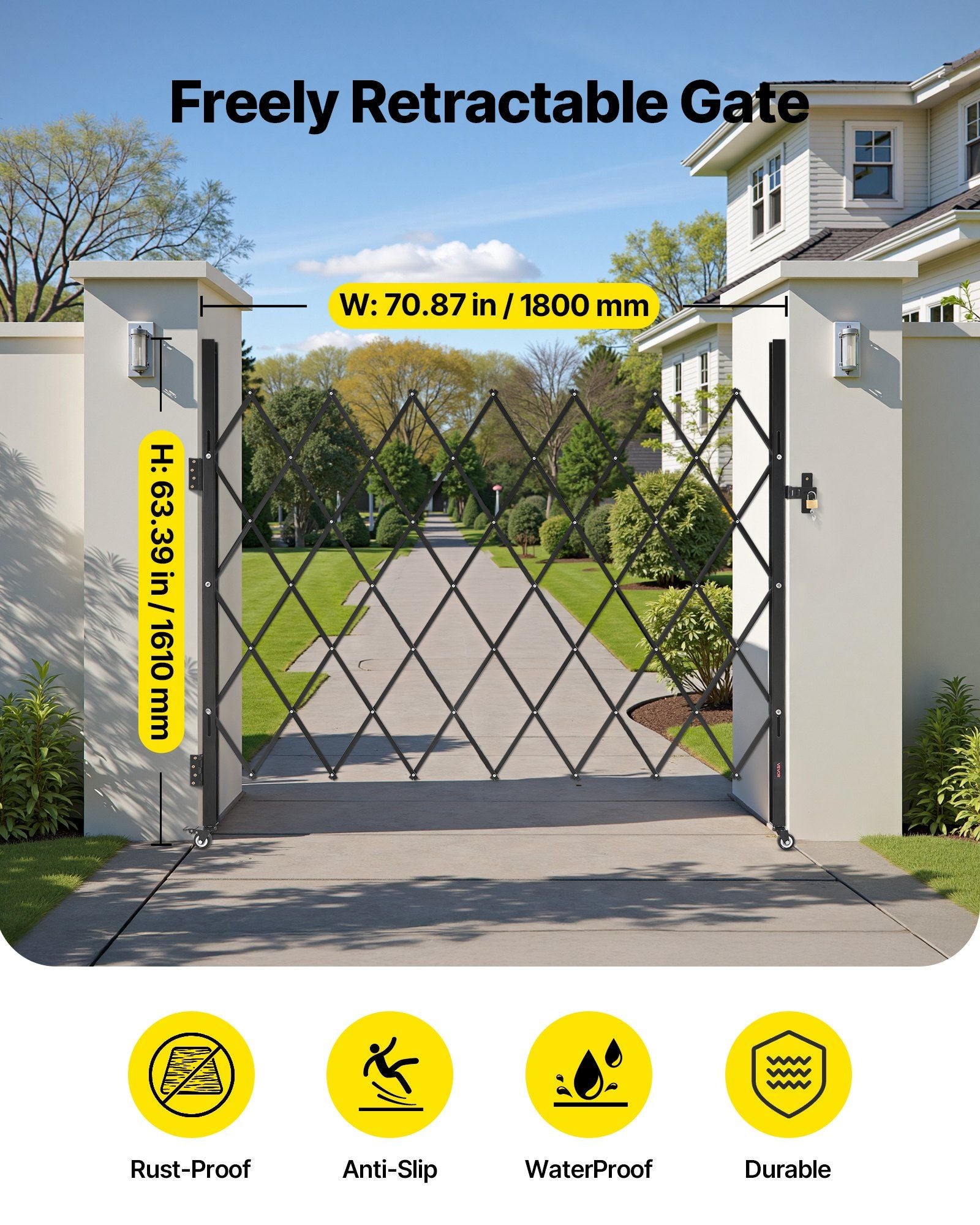 Single Folding Security Gate, Lockable Scissor Gate with 360 degree Swivel Casters, Outdoor Barricade Steel Retractable Gates, for Entry Security, Garage, Warehouse & Pool, 1800 x 1610 mm (W x H)