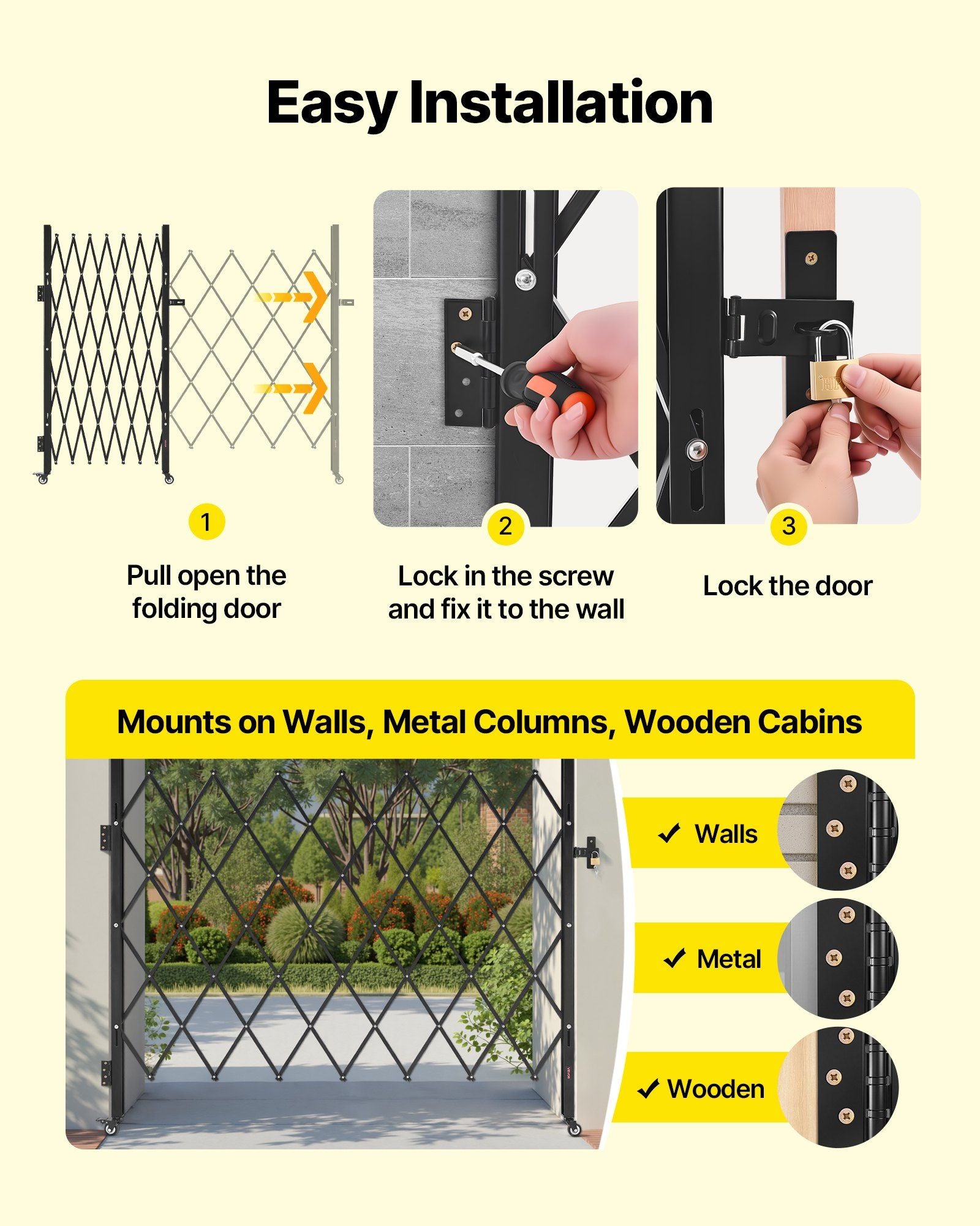 Single Folding Security Gate, Lockable Scissor Gate with 360 degree Swivel Casters, Outdoor Barricade Steel Retractable Gates, for Entry Security, Garage, Warehouse & Pool, 1800 x 1610 mm (W x H)