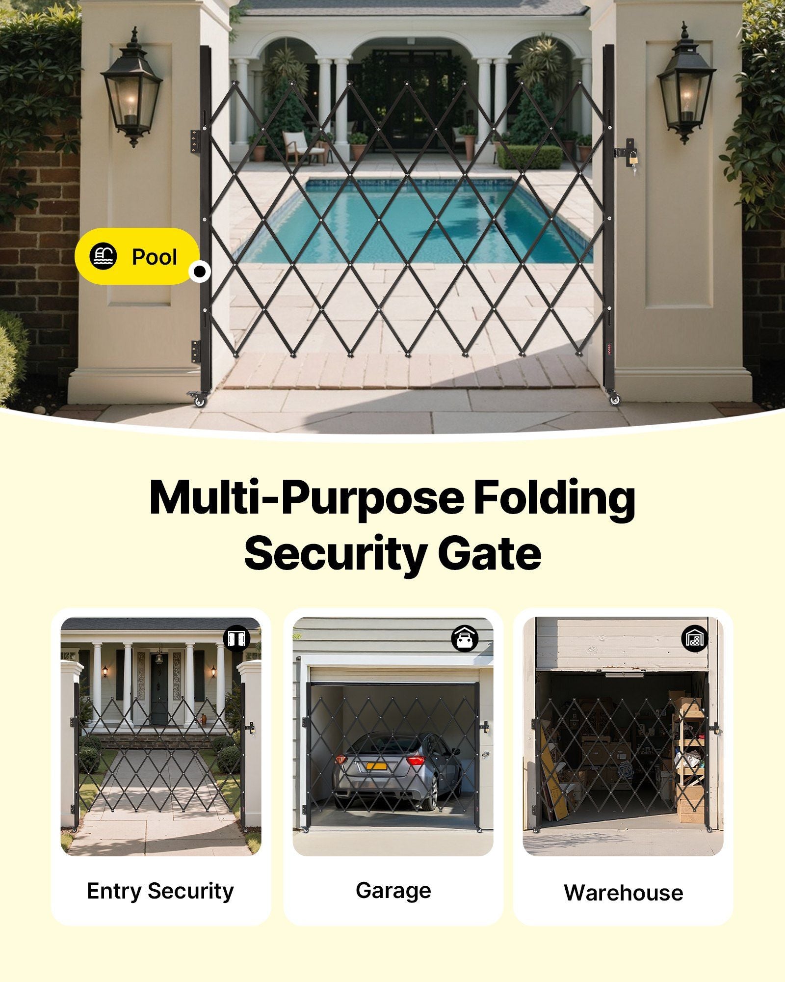 Single Folding Security Gate, Lockable Scissor Gate with 360 degree Swivel Casters, Outdoor Barricade Steel Retractable Gates, for Entry Security, Garage, Warehouse & Pool, 1800 x 1610 mm (W x H)