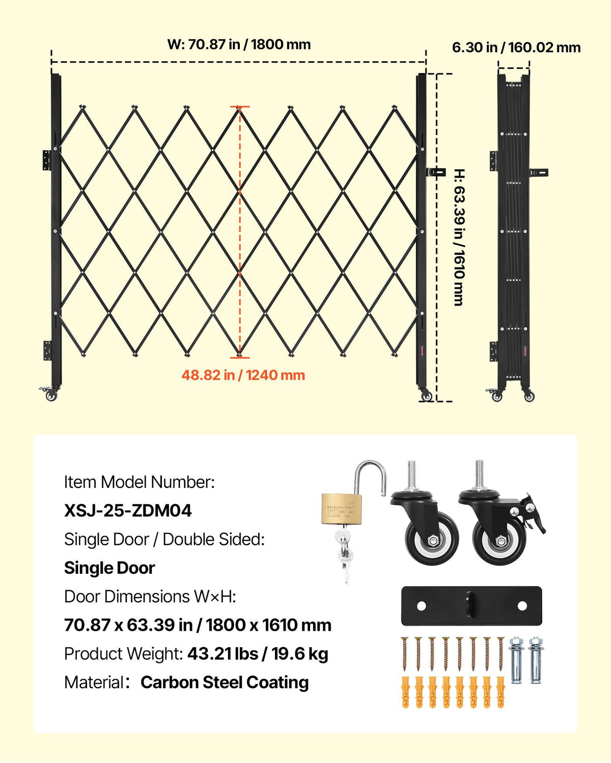 Single Folding Security Gate, Lockable Scissor Gate with 360 degree Swivel Casters, Outdoor Barricade Steel Retractable Gates, for Entry Security, Garage, Warehouse & Pool, 1800 x 1610 mm (W x H)