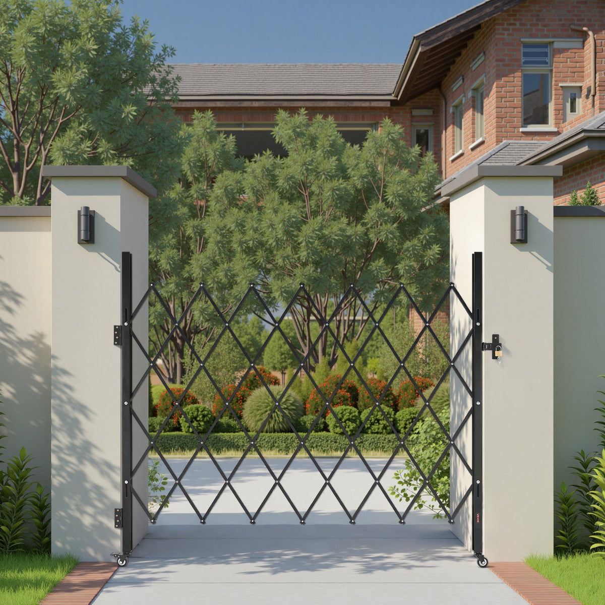 Single Folding Security Gate, Lockable Scissor Gate with 360 degree Swivel Casters, Outdoor Barricade Steel Retractable Gates, for Entry Security, Garage, Warehouse & Pool, 1800 x 1610 mm (W x H)