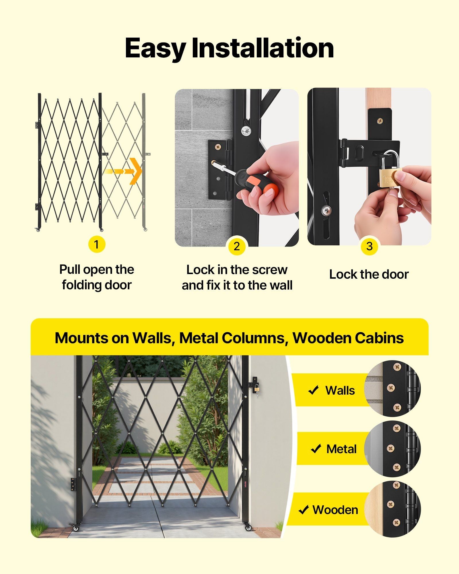 Single Folding Security Gate, Lockable Scissor Gate with 360 degree Swivel Casters, Outdoor Barricade Steel Retractable Gates, for Entry Security, Garage, Warehouse & Pool, 1260 x 1975 mm (W x H)