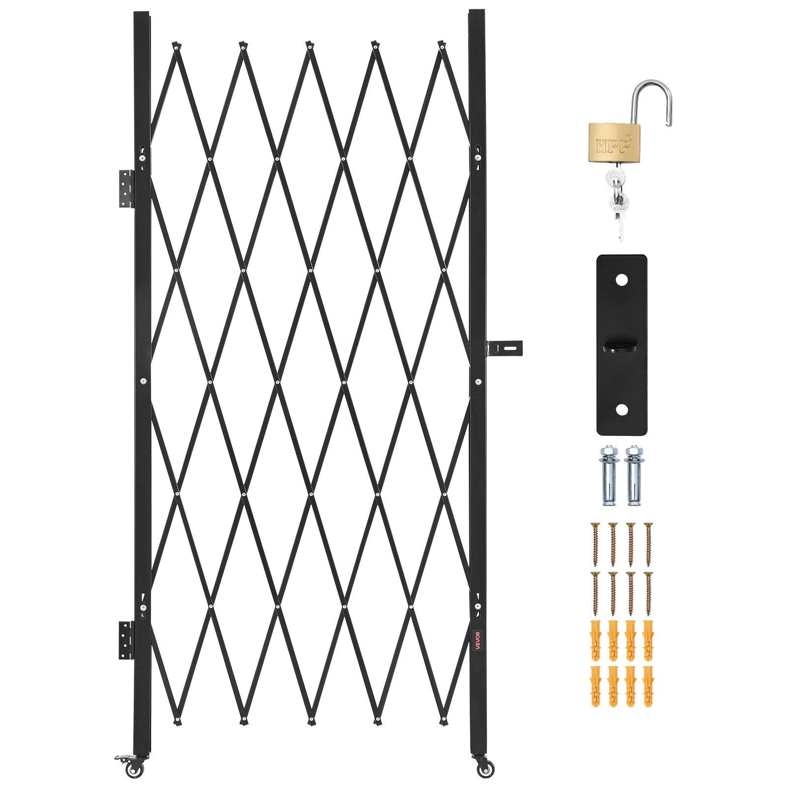Single Folding Security Gate, Lockable Scissor Gate with 360 degree Swivel Casters, Outdoor Barricade Steel Retractable Gates, for Entry Security, Garage, Warehouse & Pool, 1260 x 1975 mm (W x H)