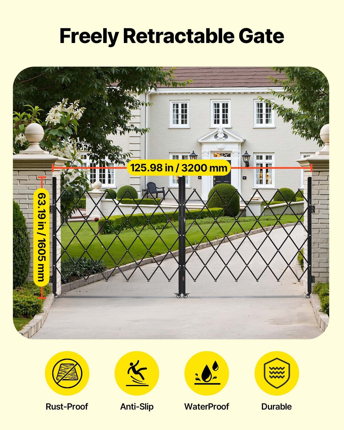 Double Folding Security Gate, Lockable Scissor Gate with 360 degree Swivel Casters, Outdoor Barricade Steel Retractable Gates, for Entry Security, Garage, Warehouse & Pool, 3200 x 1605 mm in (W x H)
