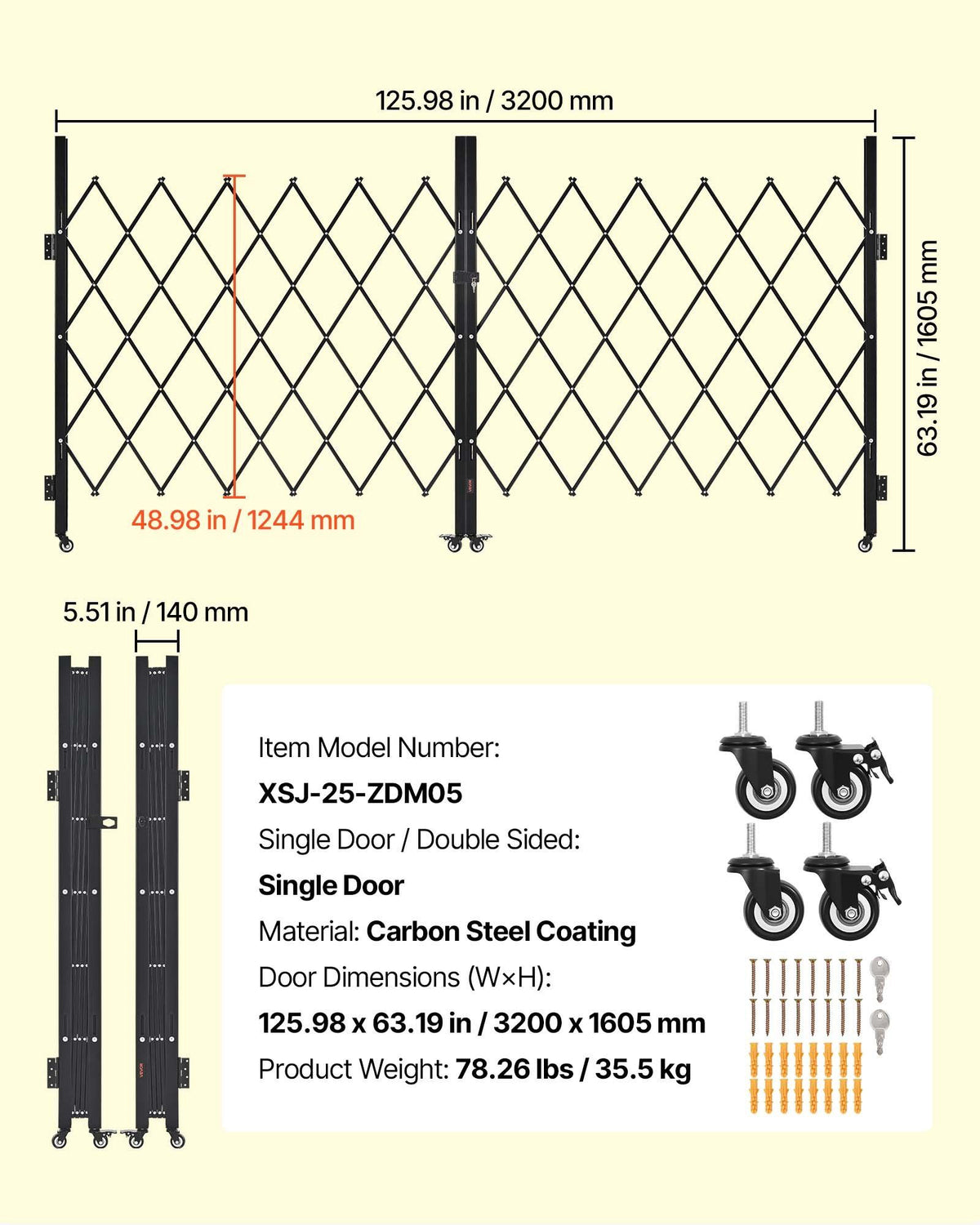 Double Folding Security Gate, Lockable Scissor Gate with 360 degree Swivel Casters, Outdoor Barricade Steel Retractable Gates, for Entry Security, Garage, Warehouse & Pool, 3200 x 1605 mm in (W x H)