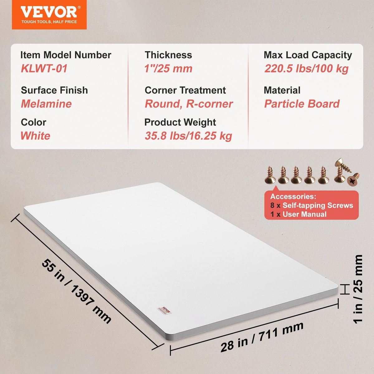 Table Top, 1397 x 711 x 25 mm, 100 kg Load Capacity, Universal One-Piece Particle Board Desktop for Height Adjustable Electric Standing Desk Frame, Rectangular Countertop for Home & Office Desk