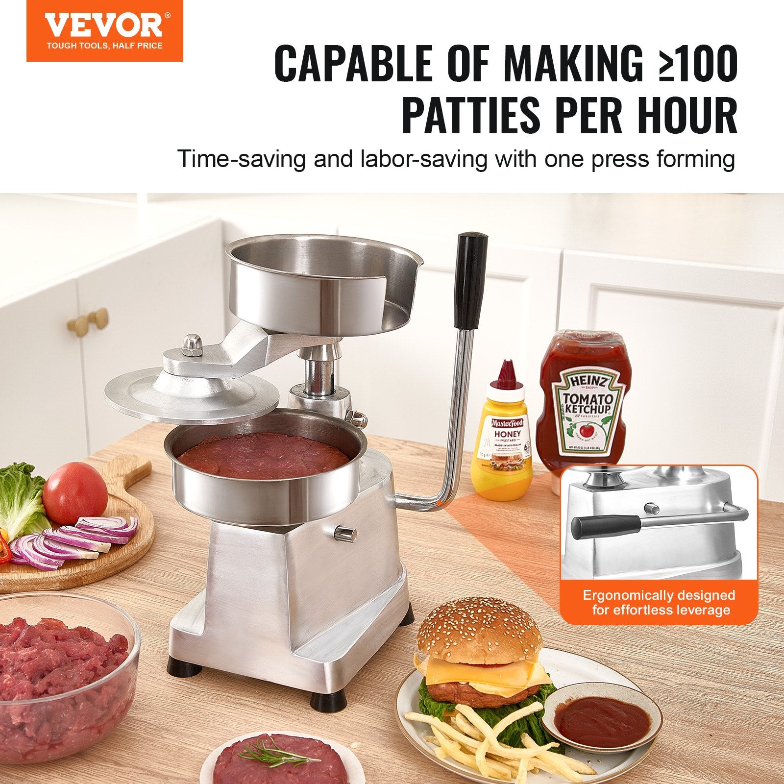 VEVOR Commercial Burger Patty Maker, 150mm Hamburger Beef Patty Maker, Heavy Duty Food-Grade Stainless Steel Bowl Burger Press Machine, Kitchen Meat Forming Processor with 1000 Pcs Patty Papers