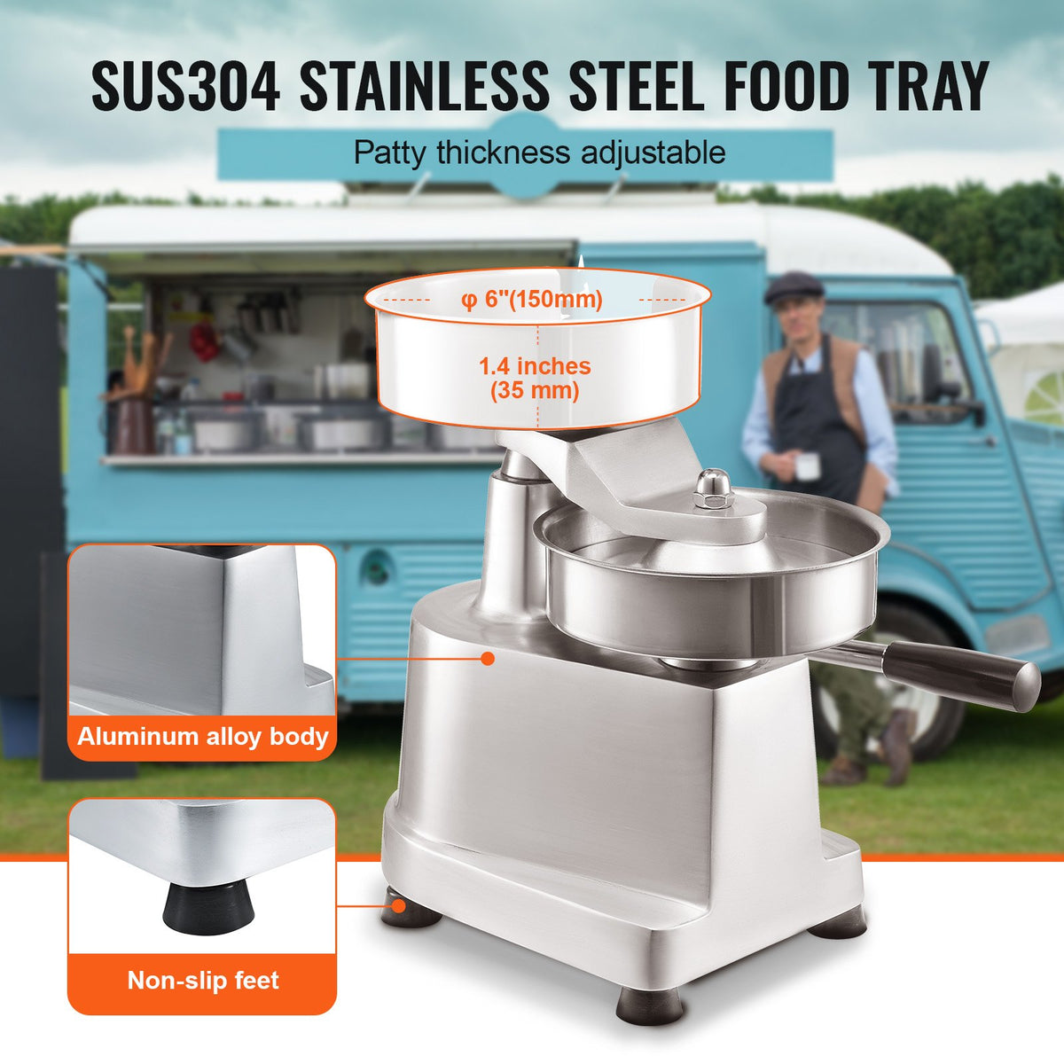 VEVOR Commercial Burger Patty Maker, 150mm Hamburger Beef Patty Maker, Heavy Duty Food-Grade Stainless Steel Bowl Burger Press Machine, Kitchen Meat Forming Processor with 1000 Pcs Patty Papers