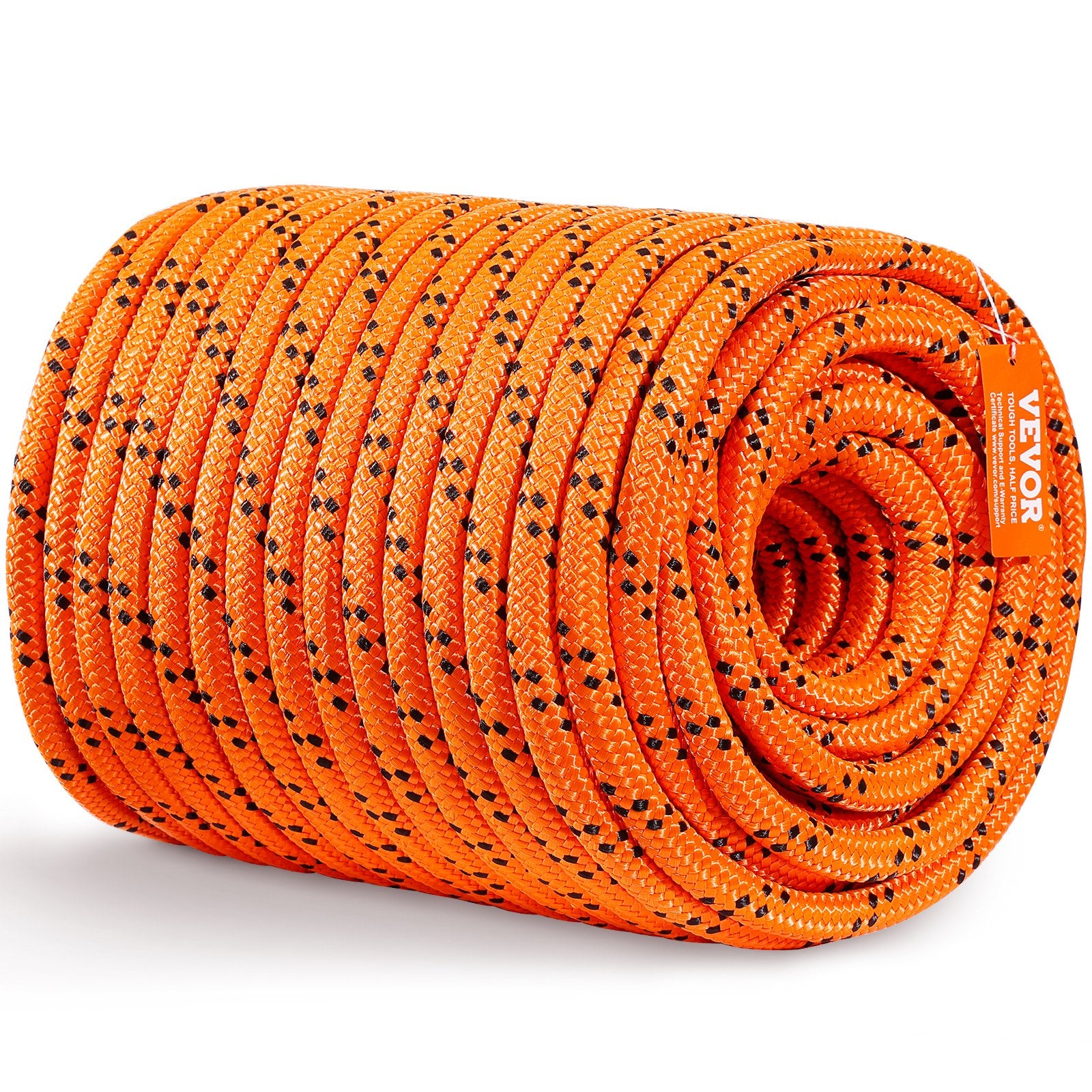 VEVOR Double Braided Polyester Rope, 19 mm x 67.06 m, 24 Strands, 88.96kN Breaking Strength Outdoor Climbing Rope, Arborist Rigging Rope for Rock Hiking Camping Swing Rappelling Rescue, Orange/Black
