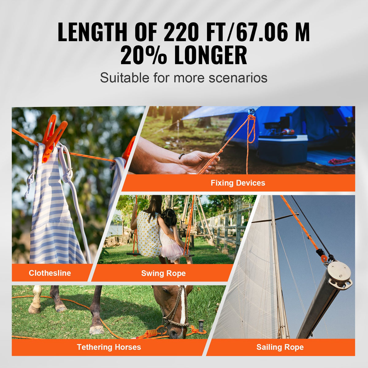 VEVOR Double Braided Polyester Rope, 19 mm x 67.06 m, 24 Strands, 88.96kN Breaking Strength Outdoor Climbing Rope, Arborist Rigging Rope for Rock Hiking Camping Swing Rappelling Rescue, Orange/Black
