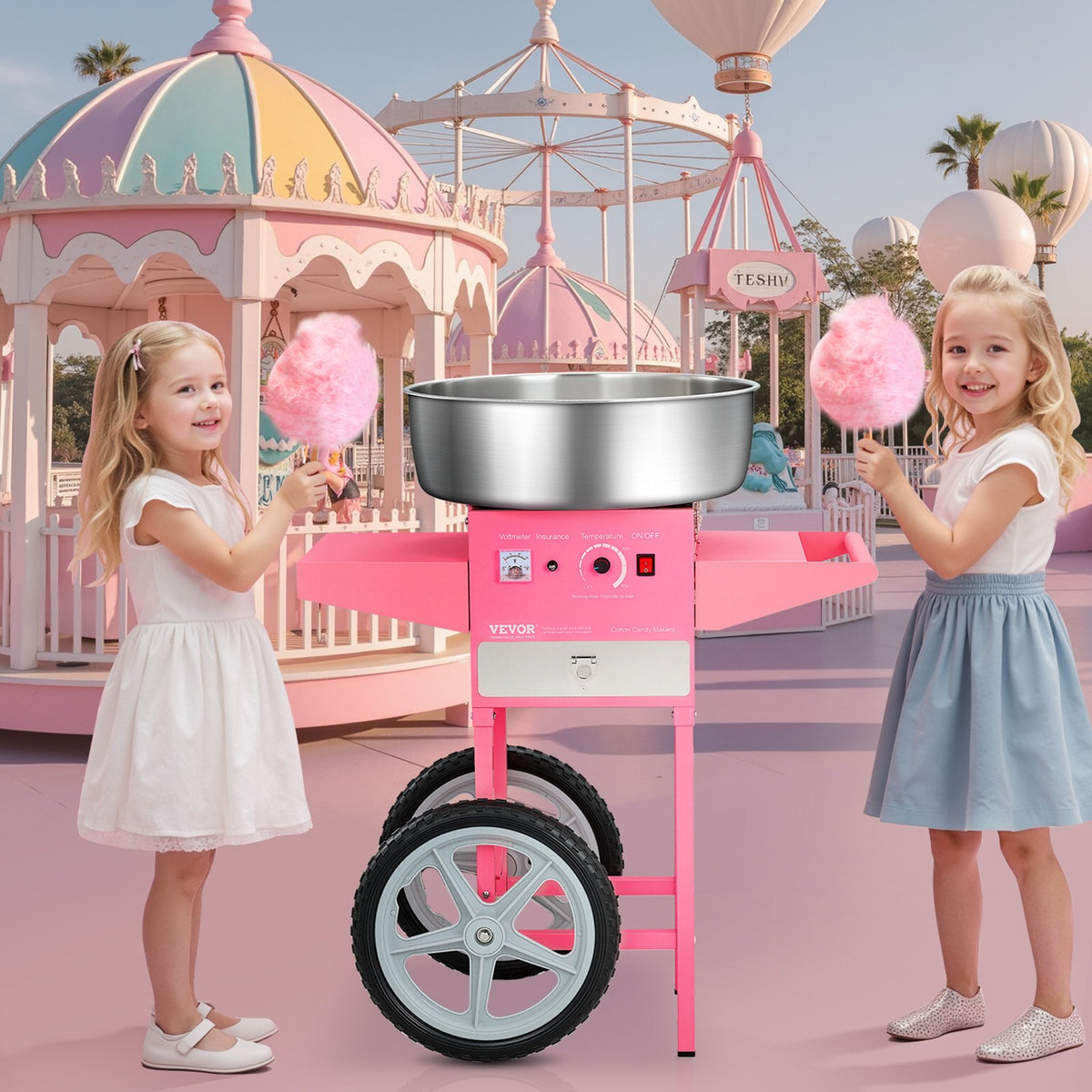 VEVOR Electric Cotton Candy Machine with Cart, 1000W Commercial Candy Floss Maker with 52cm in Stainless Steel Bowl, Sugar Scoop, and Drawer, Easy to Use, for Home, Kids Birthday, Family Party, Pink