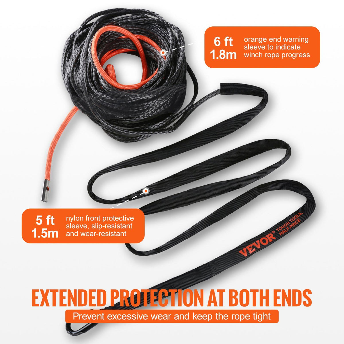 Synthetic Winch Rope, 9.5 mm x 30.5 m, 117.9 kN, Synthetic Winch Line Cable Rope with Protective Sleeve + Forged Winch Hook + Pull Strap, Universal Fit for SUV, Large Off-Road Vehicle, Truck