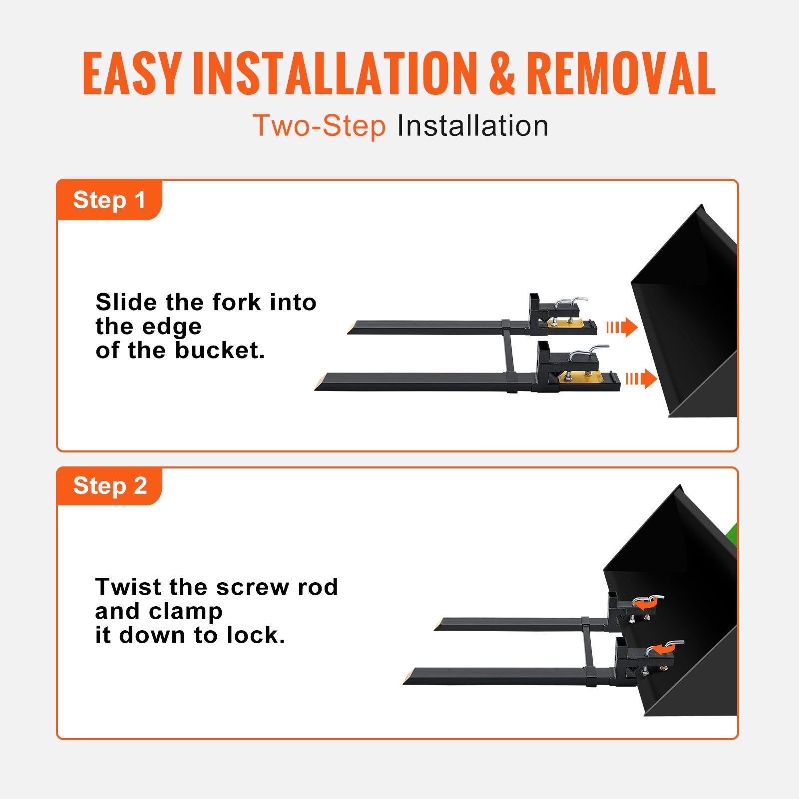 VEVOR Pallet Forks, 907 kg Clamp on Pallet Forks, 1490 mm Total Length Heavy Duty Pallet Forks with Adjustable Stabilizer bar, Tractor Bucket Forks for Tractor Attachments, Skid Steer, Loader Bucket