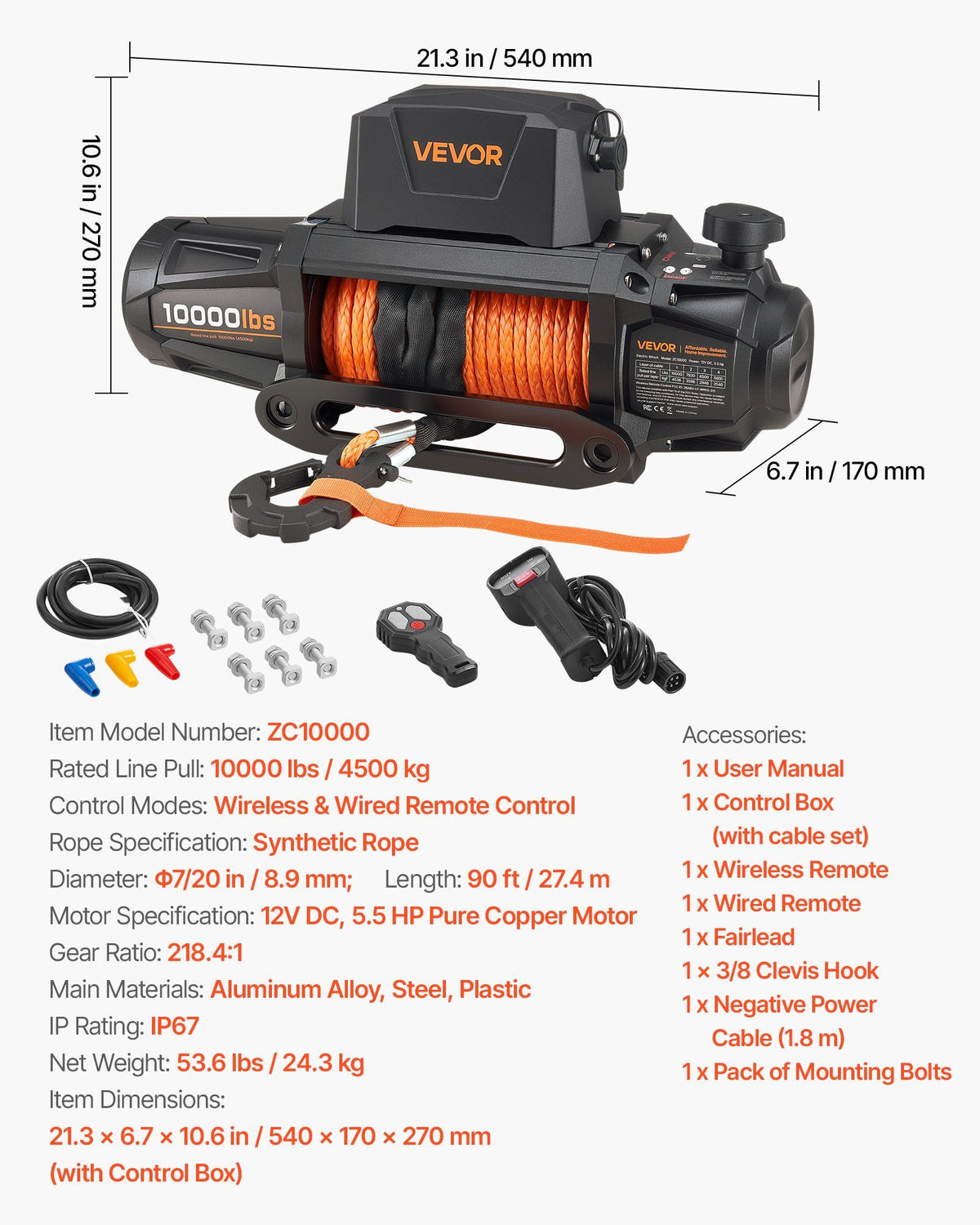 Electric Winch, 4500 kg Load Capacity, 12V DC Truck Winch with Φ8.9 mm x 27.4 m Synthetic Rope, Wireless & Wired Remote Control, IP67 Waterproof for Towing Off-Road SUV Jeep Trailer Boat