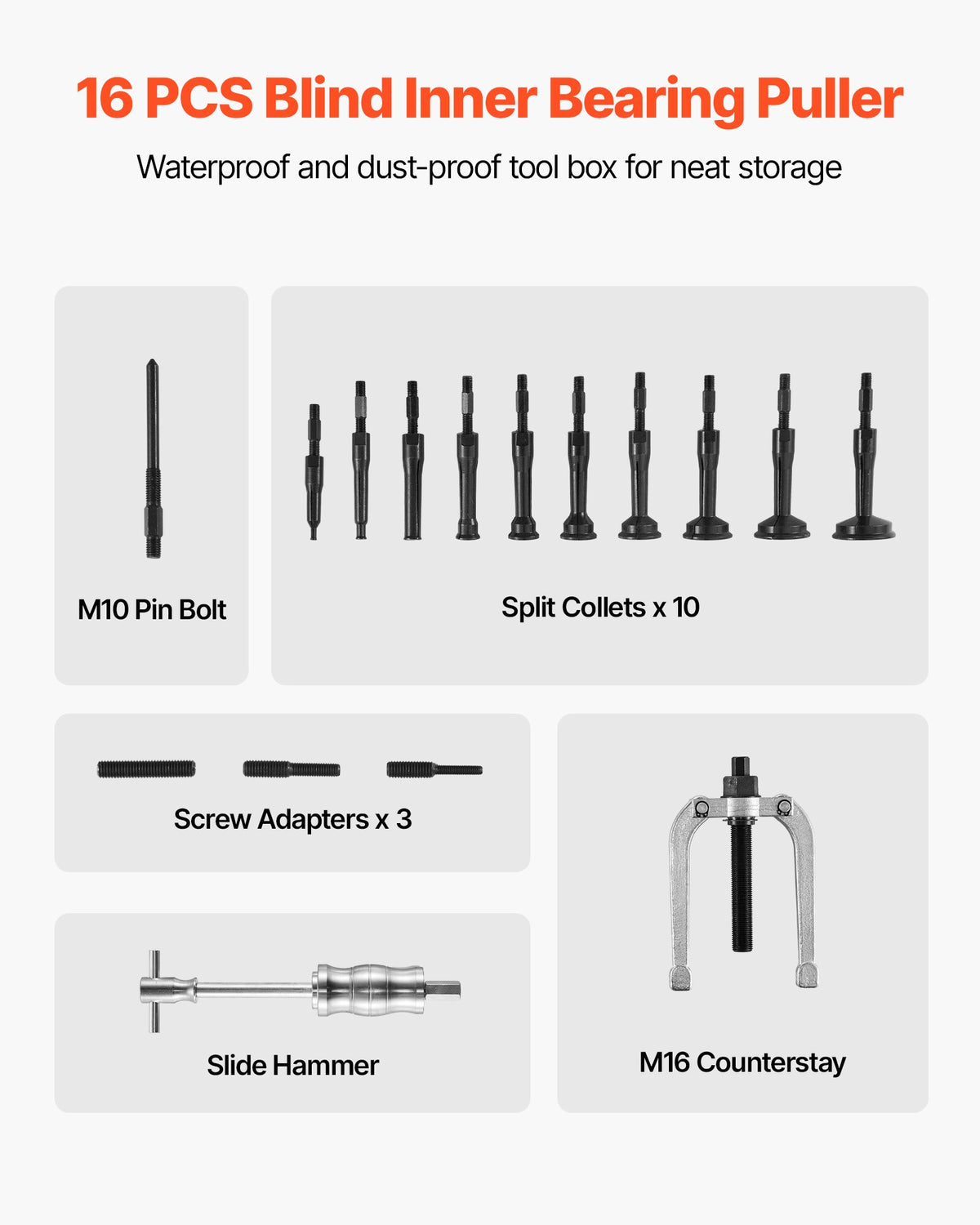 VEVOR Blind Hole Bearing Puller Set, 16-in-1 Inner Bearing Race and Seal Extractor Kit, 16 PCS Slide Hammer Pilot Insert Inner Internal Bearing Removal Tool Set with 10 Split Collets and Counterstay