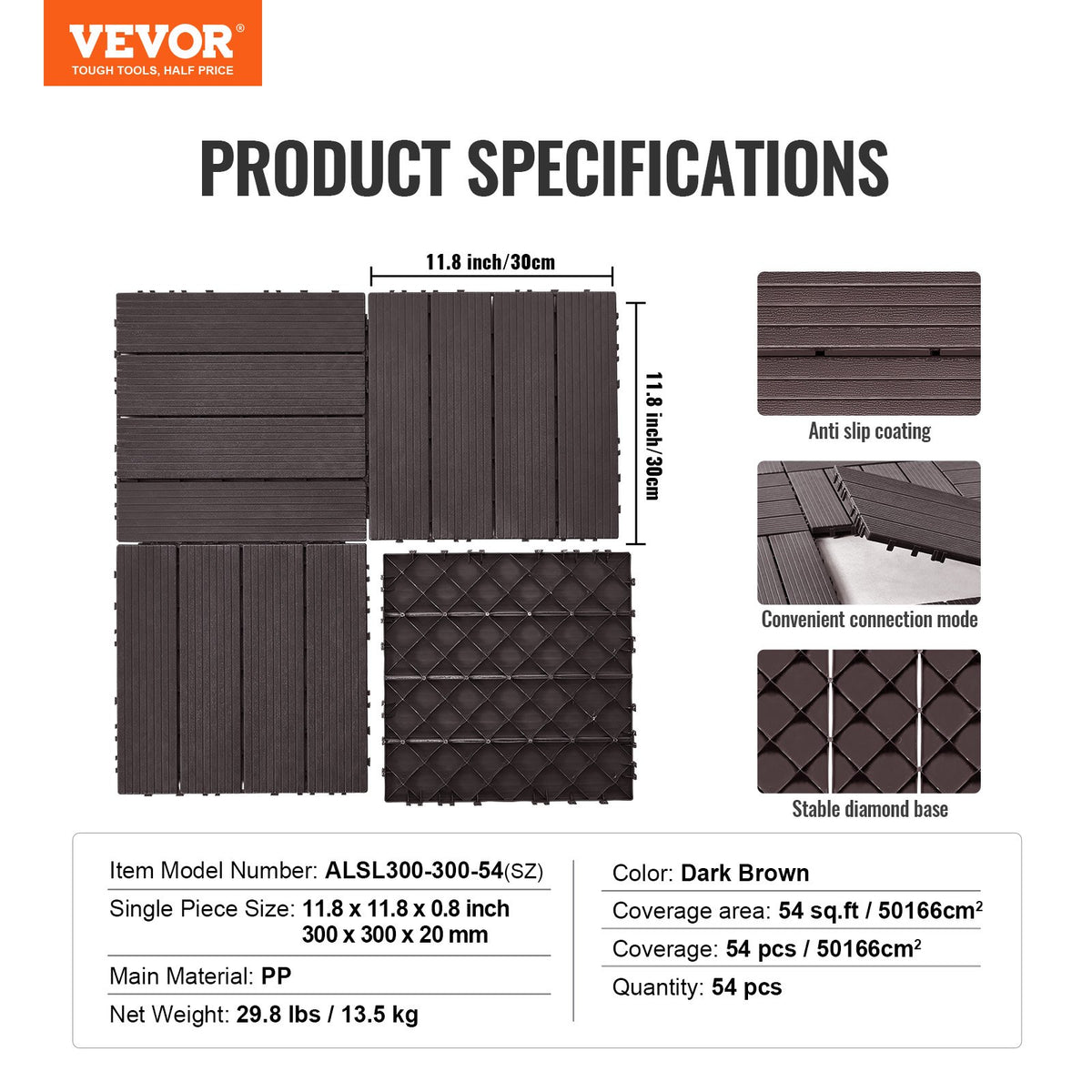 VEVOR Interlocking Deck Tiles 54 Pack 12"x12" Waterproof for Porch Dark Brown