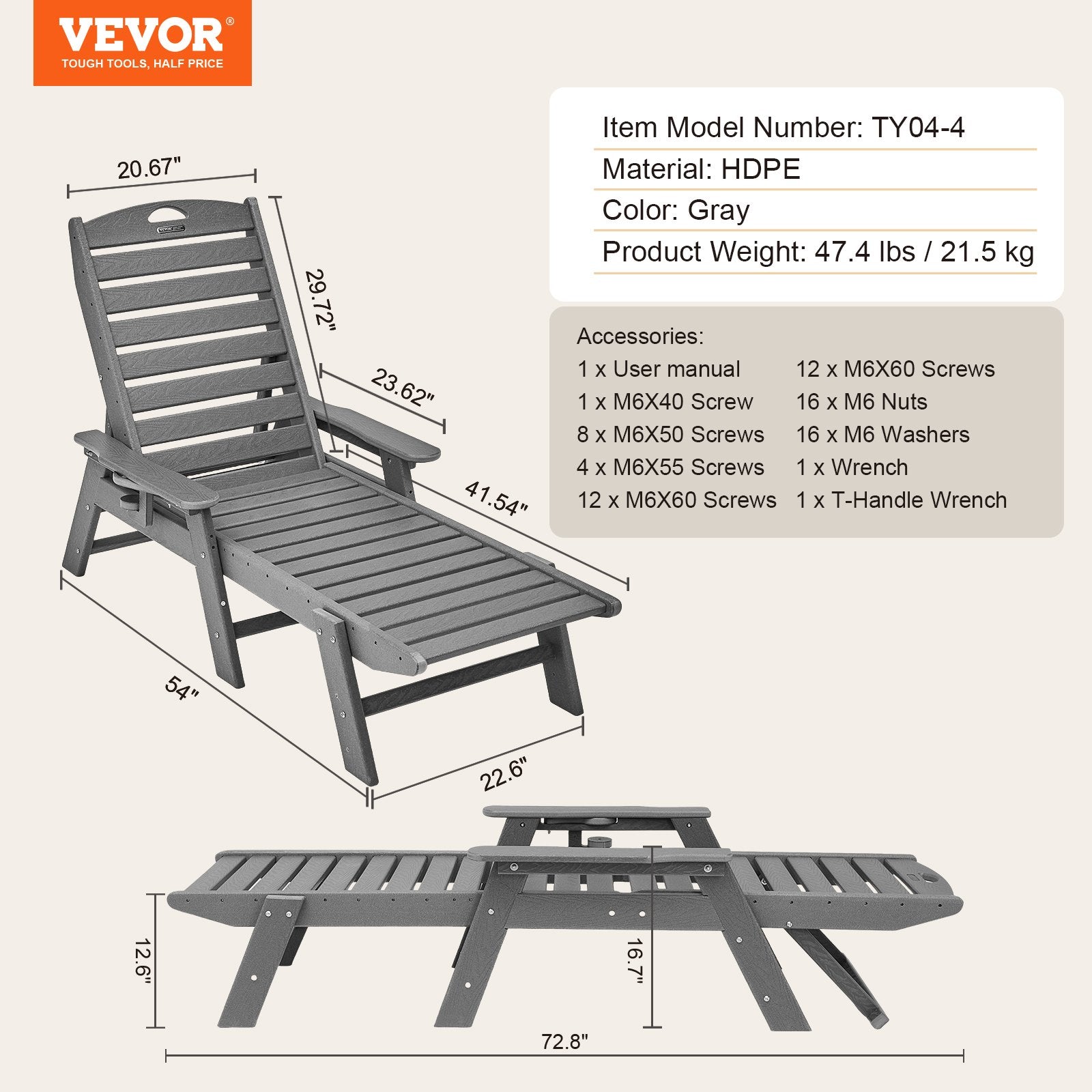 VEVOR Outdoor Chaise Lounge Chair 6 Positions Reclining Patio Bench Lounger Gray