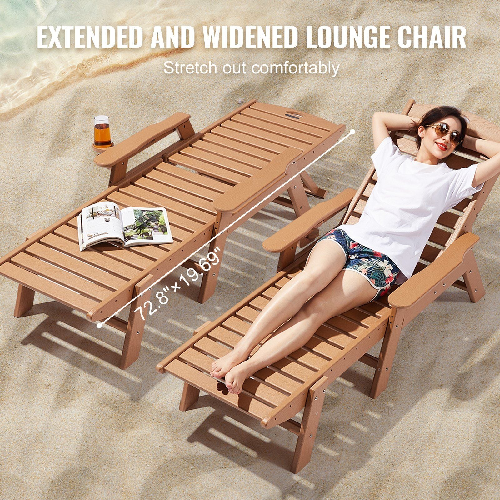 Chaise Lounge Chair, 181 kg Weight Capacity, 6 Positions Adjustable Patio Lounge Chair, Outdoor HDPE Lounge Chair with Backrest & Cup Holder, for Pool Poolside Deck Backyard Lawn, Brown