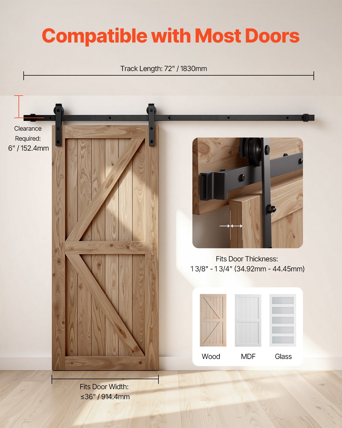 VEVOR 1830 mm Sliding Barn Door Hardware Kit for Single Sliding Barn Door Black