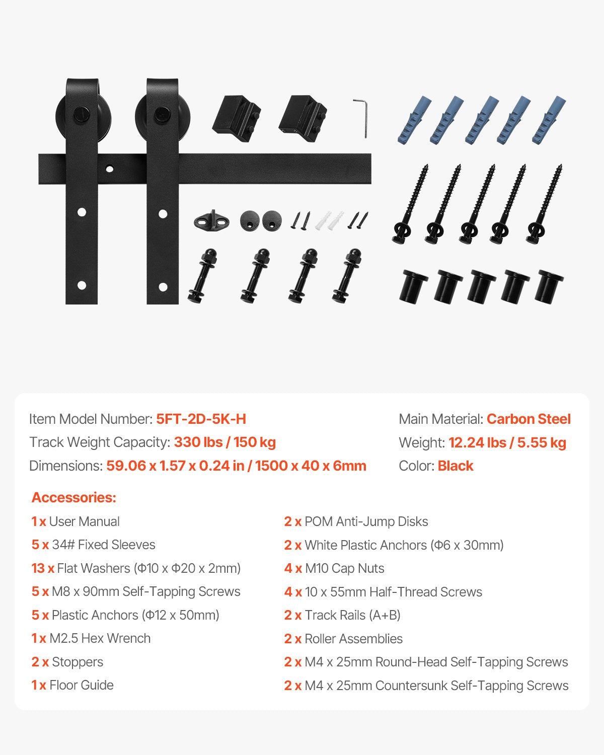 VEVOR 1500 mm Sliding Barn Door Hardware Kit for Single Sliding Barn Door Black
