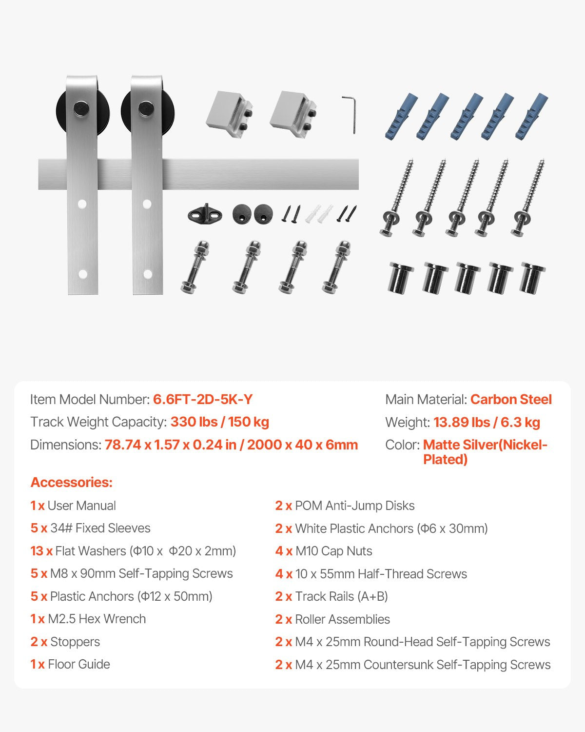 VEVOR 2000 mm Sliding Barn Door Hardware Kit for Single Sliding Barn Door Silver