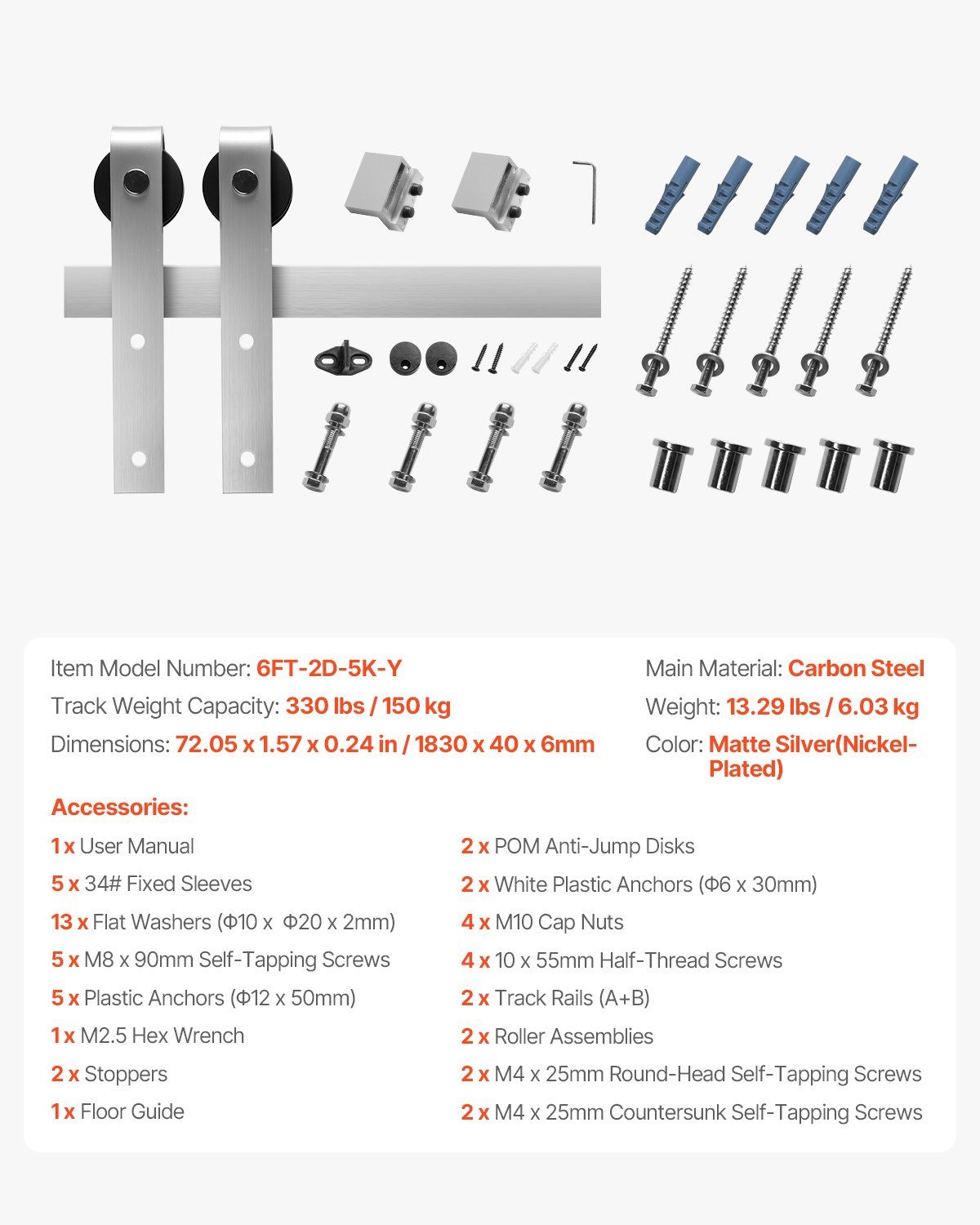 6FT Sliding Barn Door Hardware Kit, 330 LBS Weight Capacity, Compatible with 36 Inches Max Width & 1-3/8 to 1-3/4 Inches Thickness Single Sliding Barn Door, Durable Track & J-shape Roller Silver