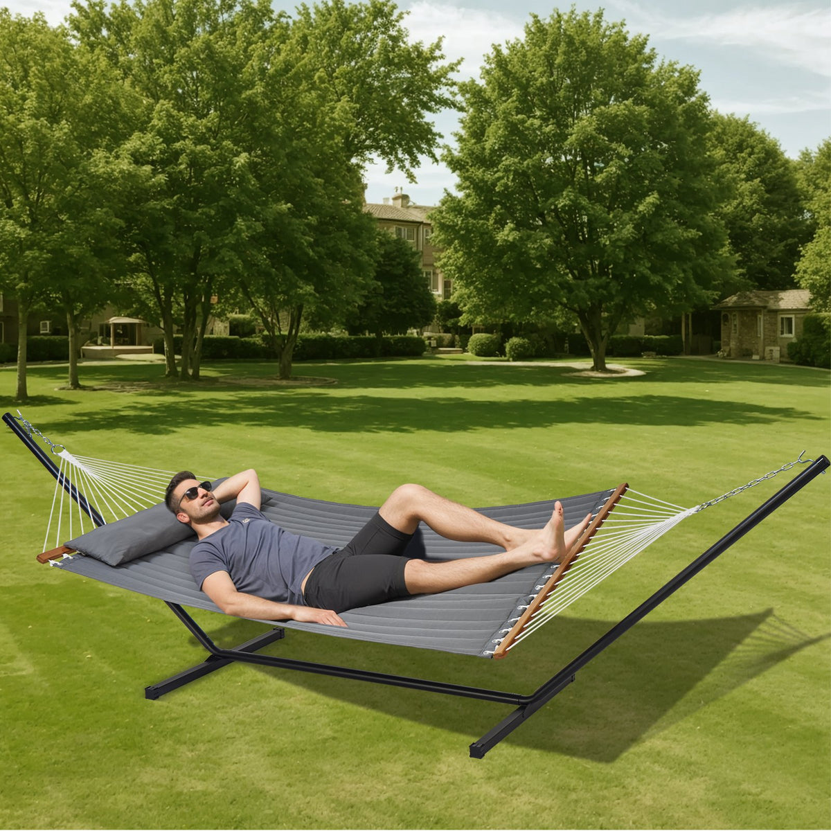 VEVOR Double Quilted Fabric Hammock Two Person Hammock with Stand 480lb Capacity