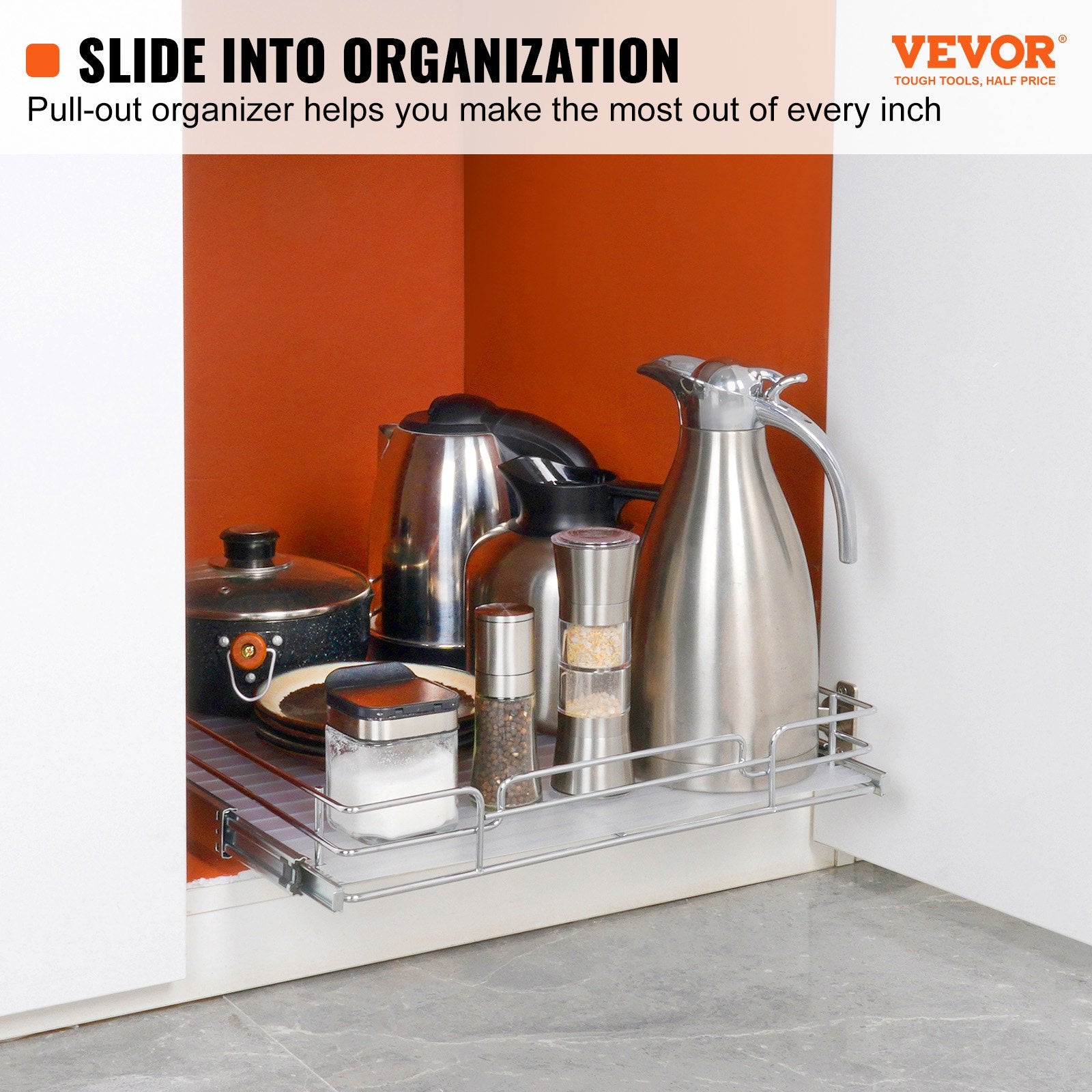 VEVOR 34x53 cm Pull Out Cabinet Organizer, Heavy Duty Slide Out Pantry Shelves, Chrome-Plated Steel Roll Out Drawers, Sliding Drawer Storage for Home, Inside Kitchen Cabinet, Bathroom, Under Sink