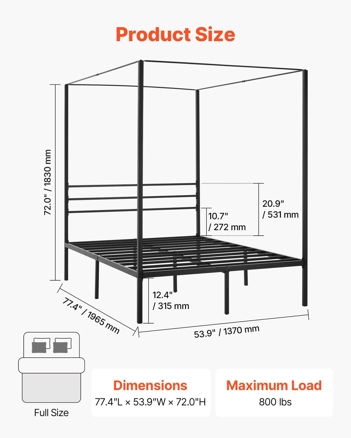 Full Size Canopy Bed Frame, Metal Canopy Bed with Four Posters Design, Heavy Duty Steel Slats Support, Underbed Storage Space, No Box Spring Needed, Easy Assembly, Black